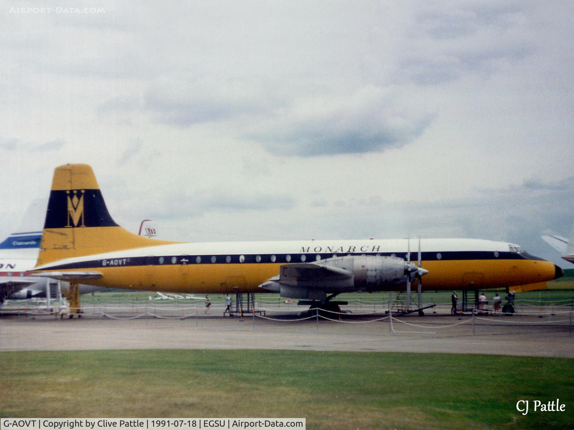 G-AOVT, 1958 Bristol 175 Britannia 312 C/N 13427, Scanned from print. Photographed in July 1991 alongside Concorde in the airliner display.