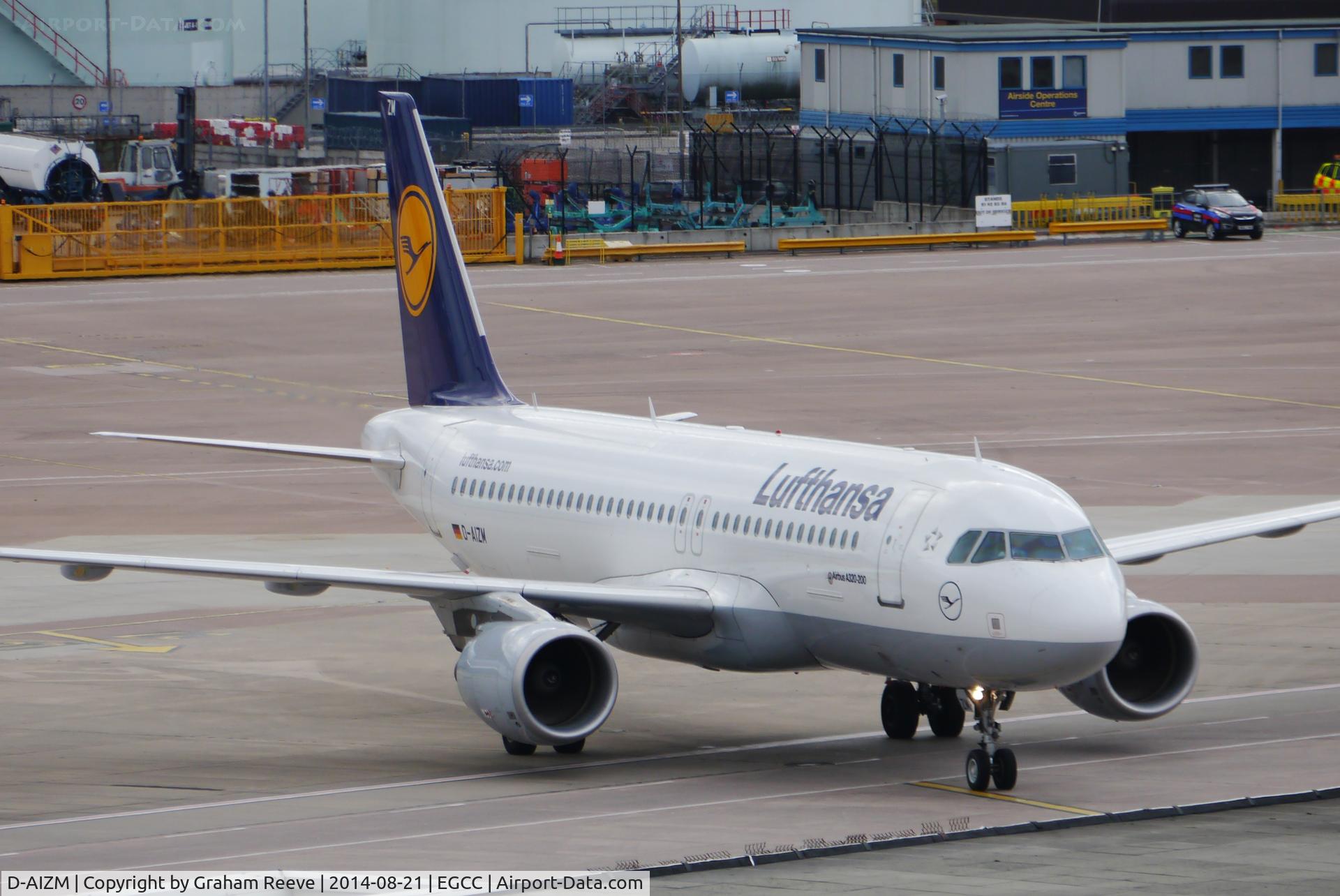 D-AIZM, 2012 Airbus A320-214 C/N 5203, About to go on stand at Manchester.
