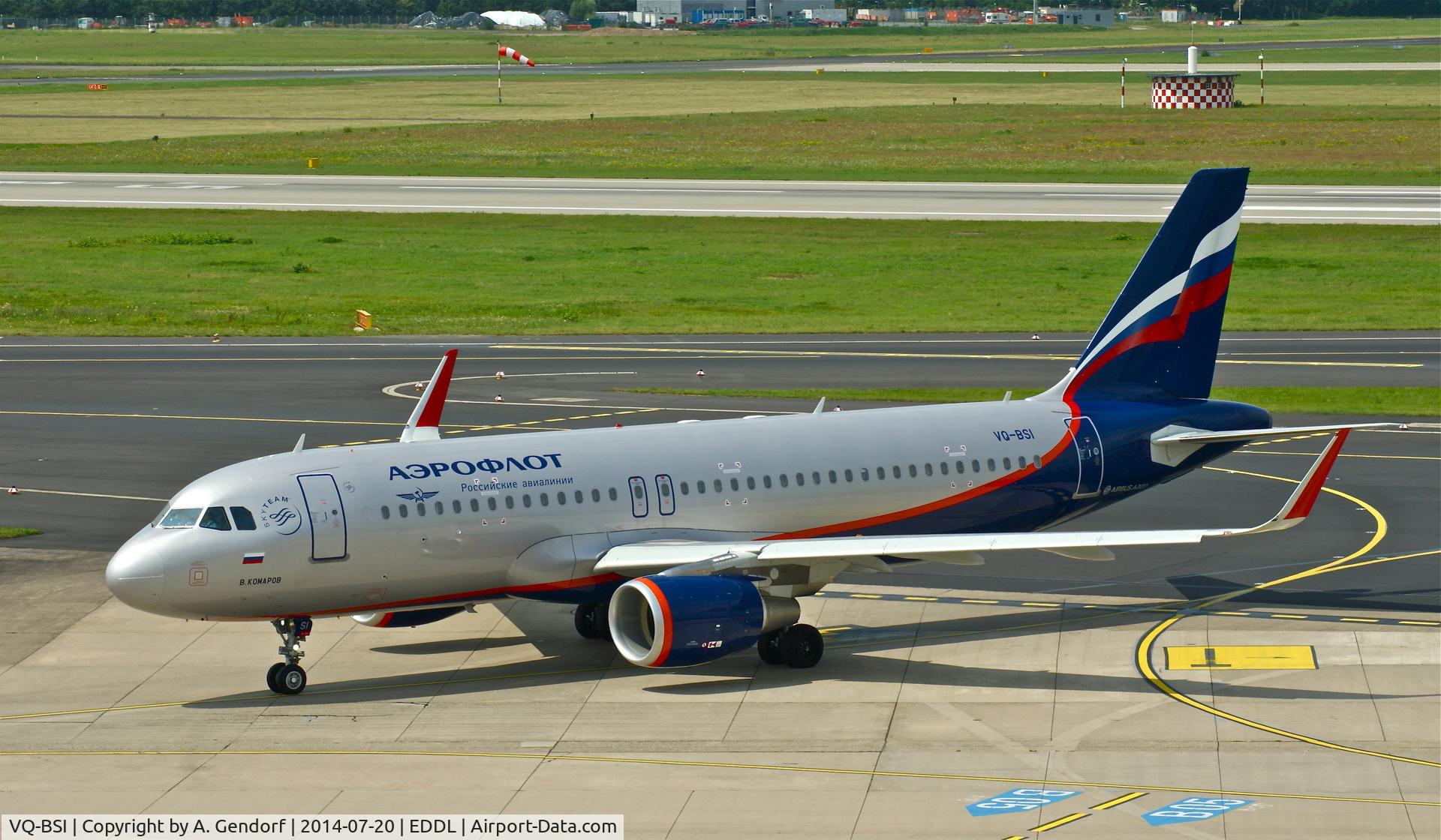 VQ-BSI, 2014 Airbus A320-214 C/N 6043, Aeroflot, is here taxiing to the gate at Düsseldorf Int'l(EDDL)