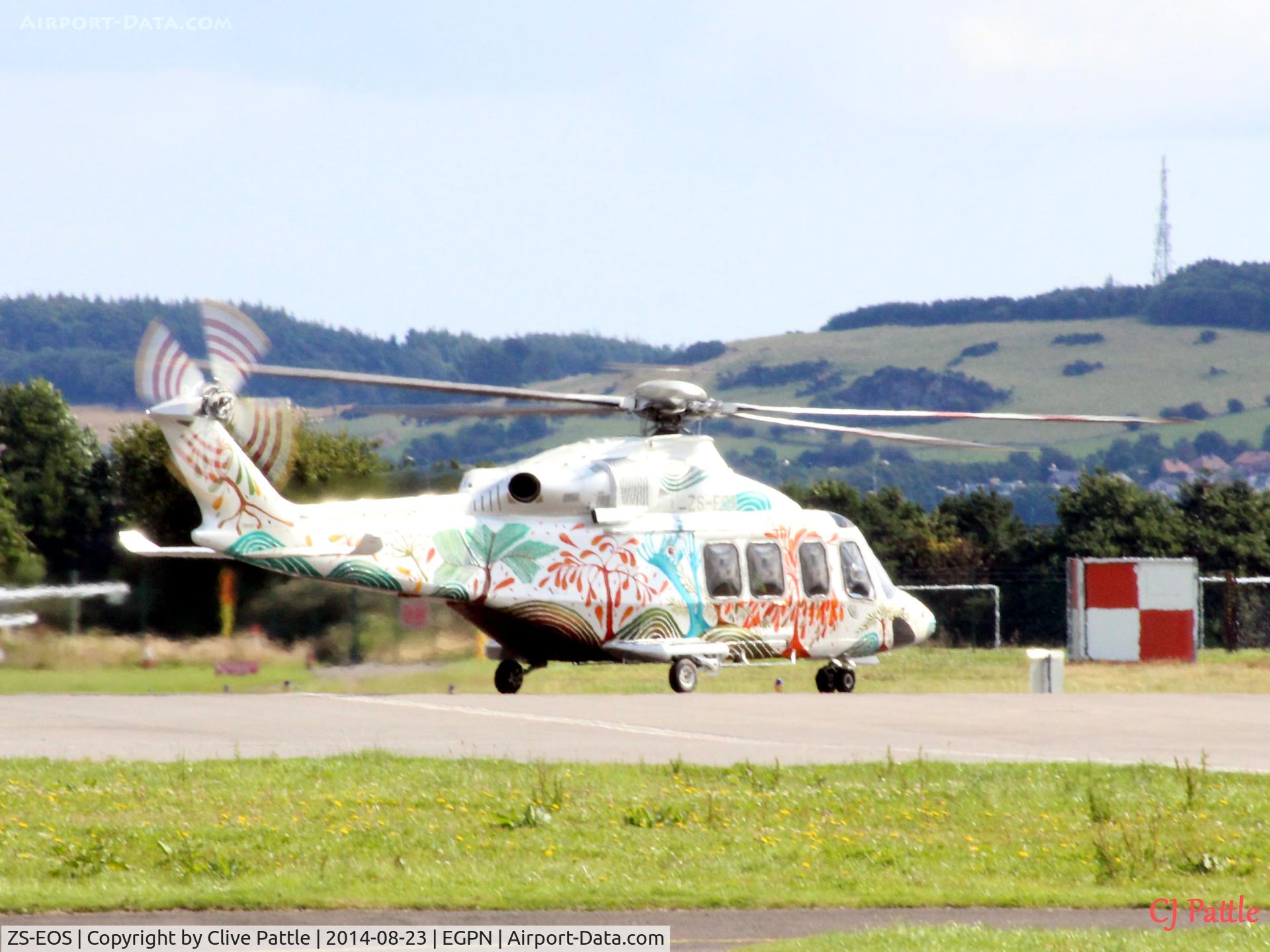 ZS-EOS, 2013 AgustaWestland AB.139 C/N 31502, Taxying out for take-off in the bright sunshine, a long distance shot of a very special visitor to Dundee Riverside.