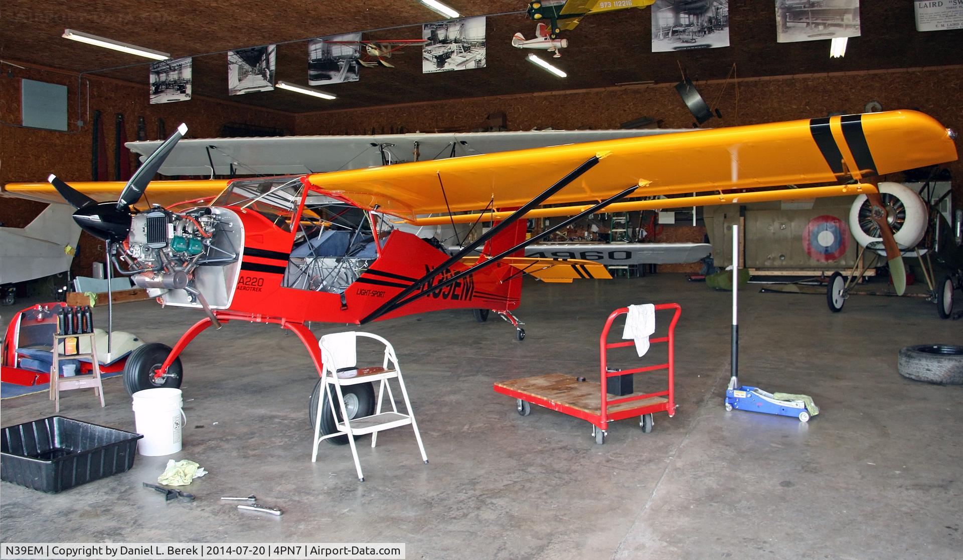 N39EM, 2013 Aeropro CZ A220 C/N 38713, The Aerotrek A220 is a Czech-built light sport aircraft designed to be economical to purchase and keep.  This example, undergoing maintenance, was built in 2013.