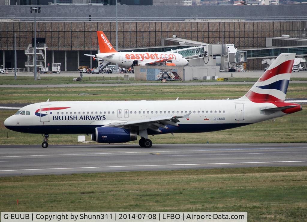 G-EUUB, 2002 Airbus A320-232 C/N 1689, Back tracking rwy 32L to the Terminal...