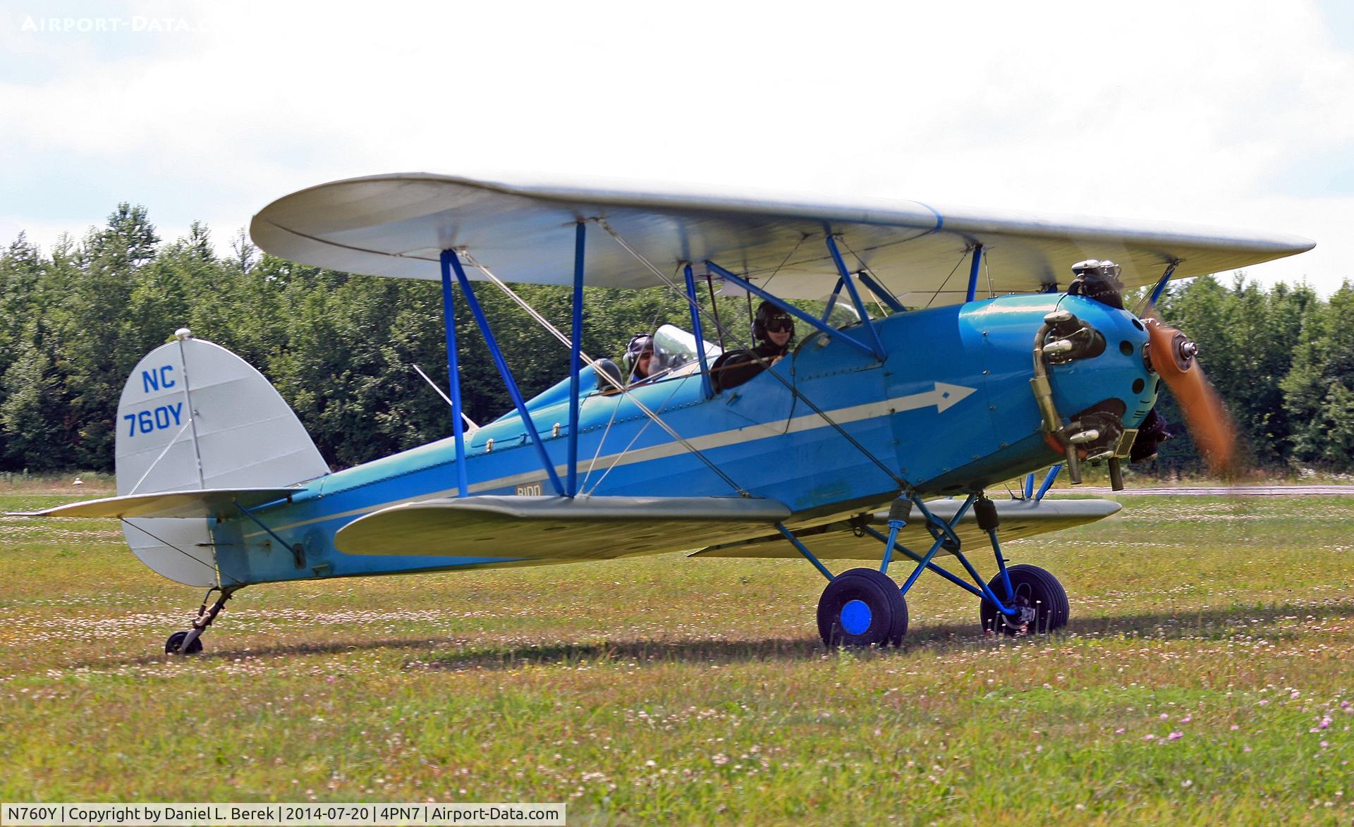 N760Y, Perth Amboy Bird BK C/N 2073-53, This classic biplane is taking several lucky passengers for a very memorable ride at Merritt Field, Eagle's Mere, PA.