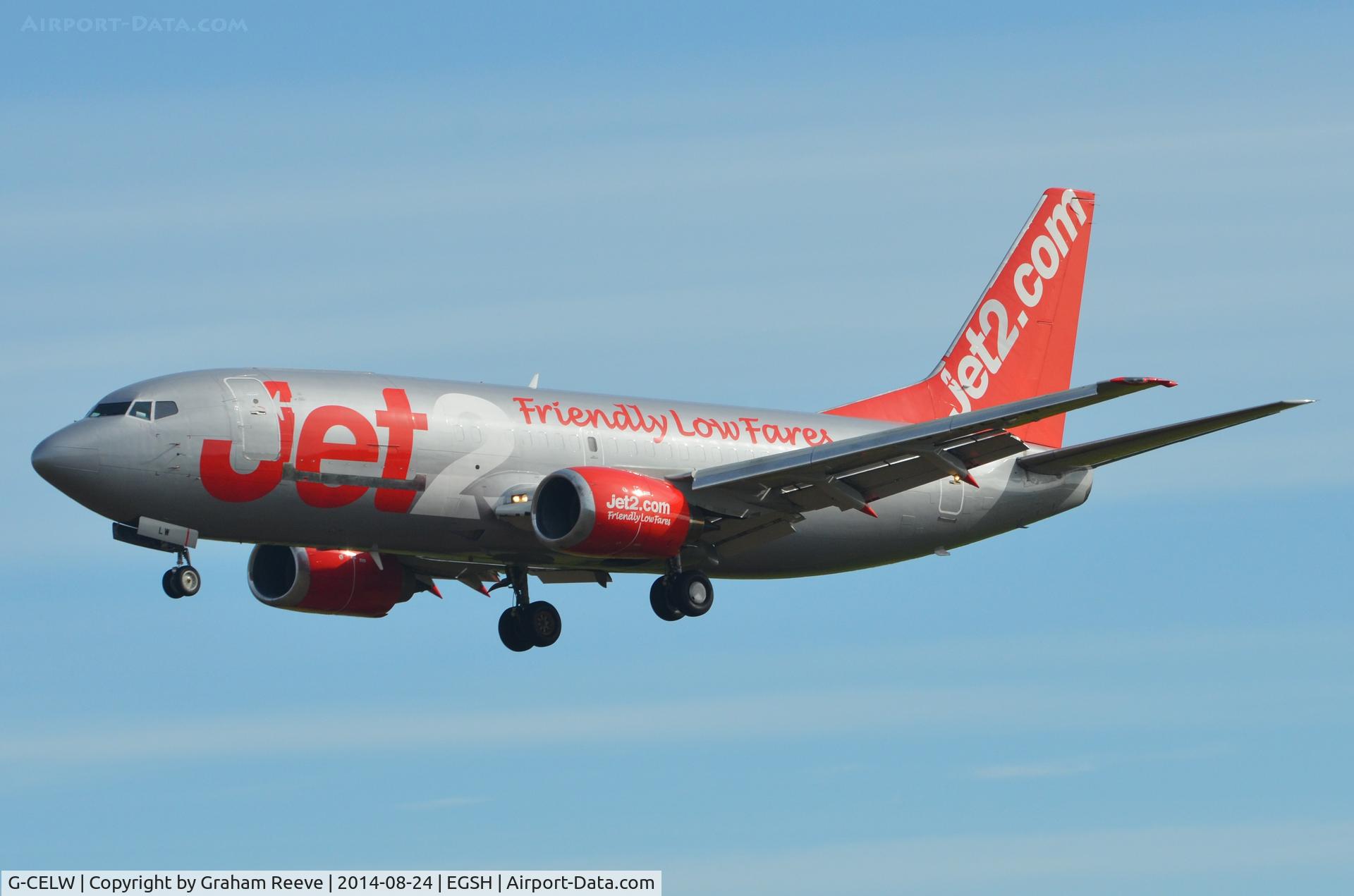 G-CELW, 1986 Boeing 737-377(SF) C/N 23659, About to land at Norwich.
