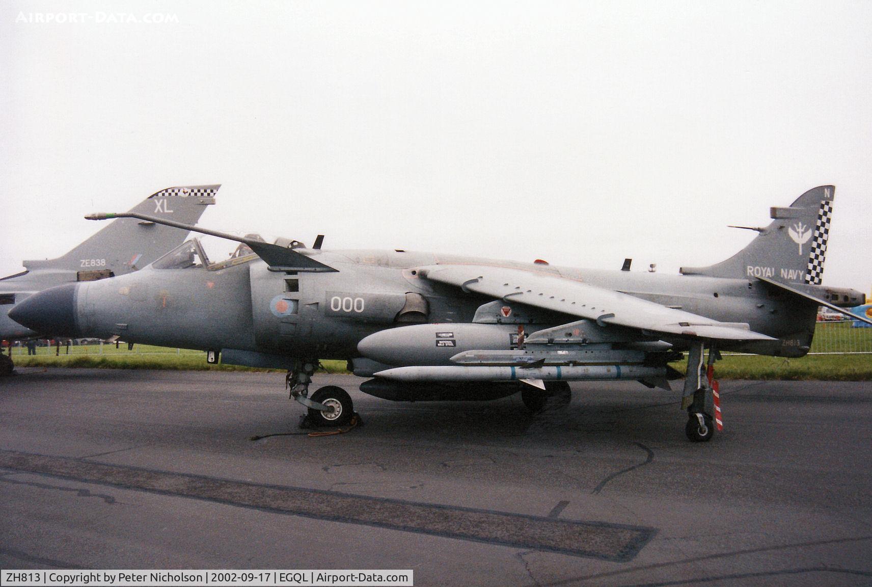 ZH813, 1998 British Aerospace Sea Harrier F/A.2 C/N NB18, Sea Harrier F/A.2, Callsign Yeovil 27, of 801 Squadron on display at the 2002 RAF Leuchars Airshow.