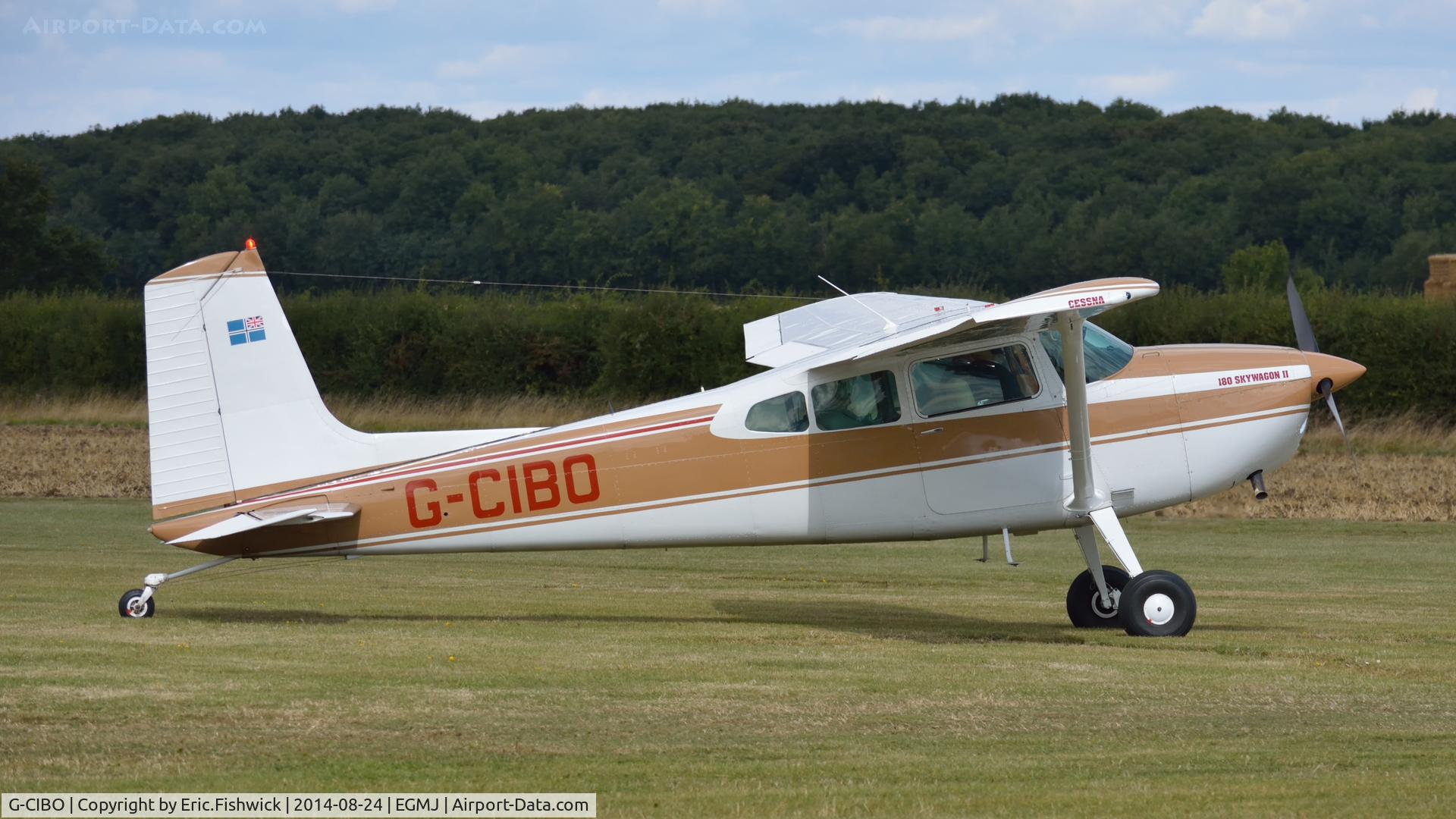 G-CIBO, 1981 Cessna 180K Skywagon C/N 18053177, 2. G-CIBO arriving at a superb Little Gransden Air & Car Show, Aug. 2014.