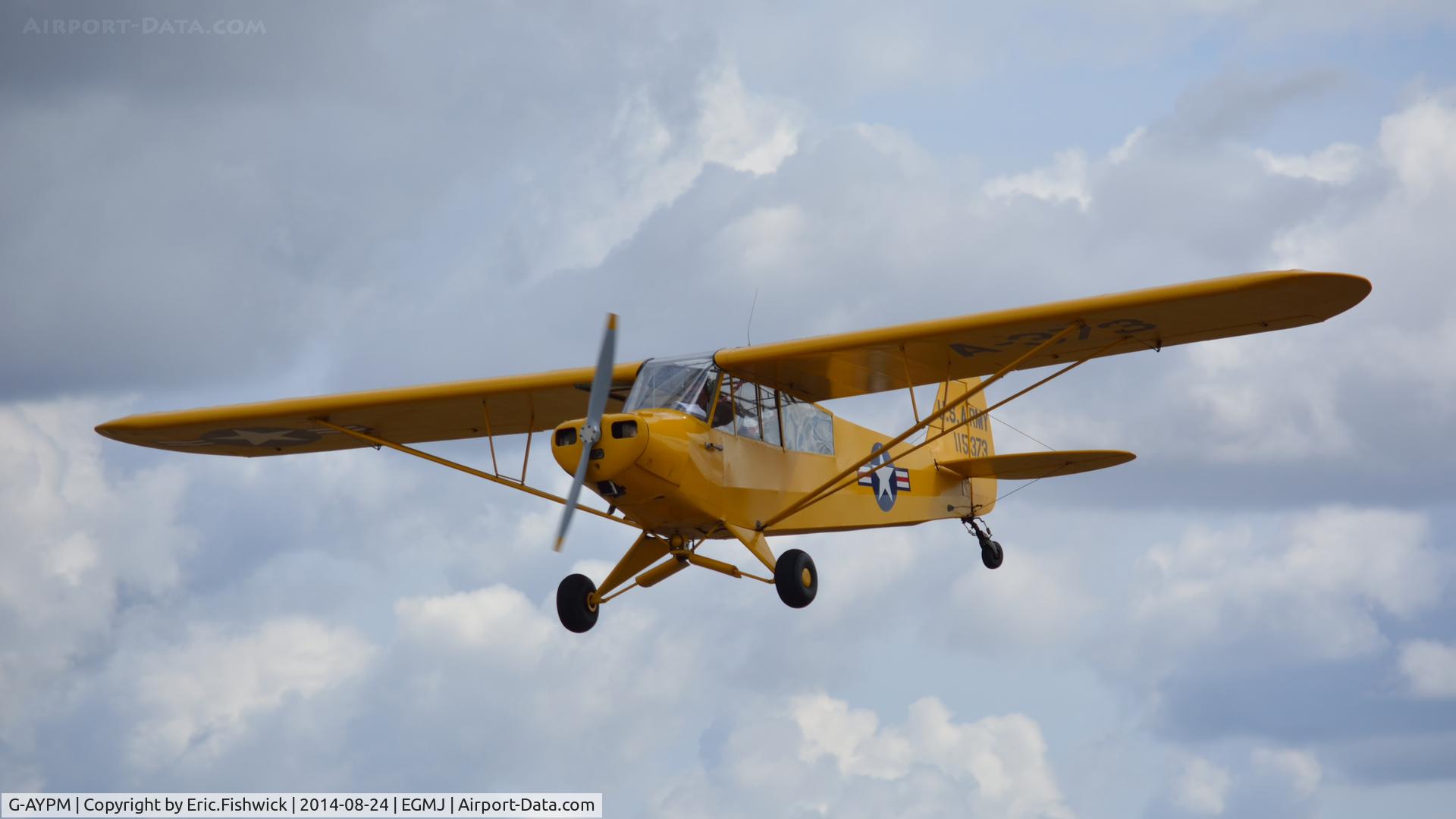 G-AYPM, 1951 Piper L-18C Super Cub C/N 18-1373, 43. G-AYPM arriving at a superb Little Gransden Air & Car Show, Aug. 2014.