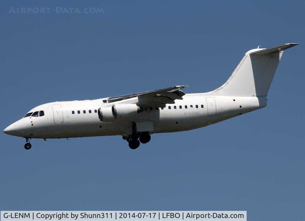G-LENM, 1995 British Aerospace Avro 146-RJ85 C/N E.2273, Landing rwy 32L in all white c/s without titles... FlyBe flight this day... Operated by Cello Aviation