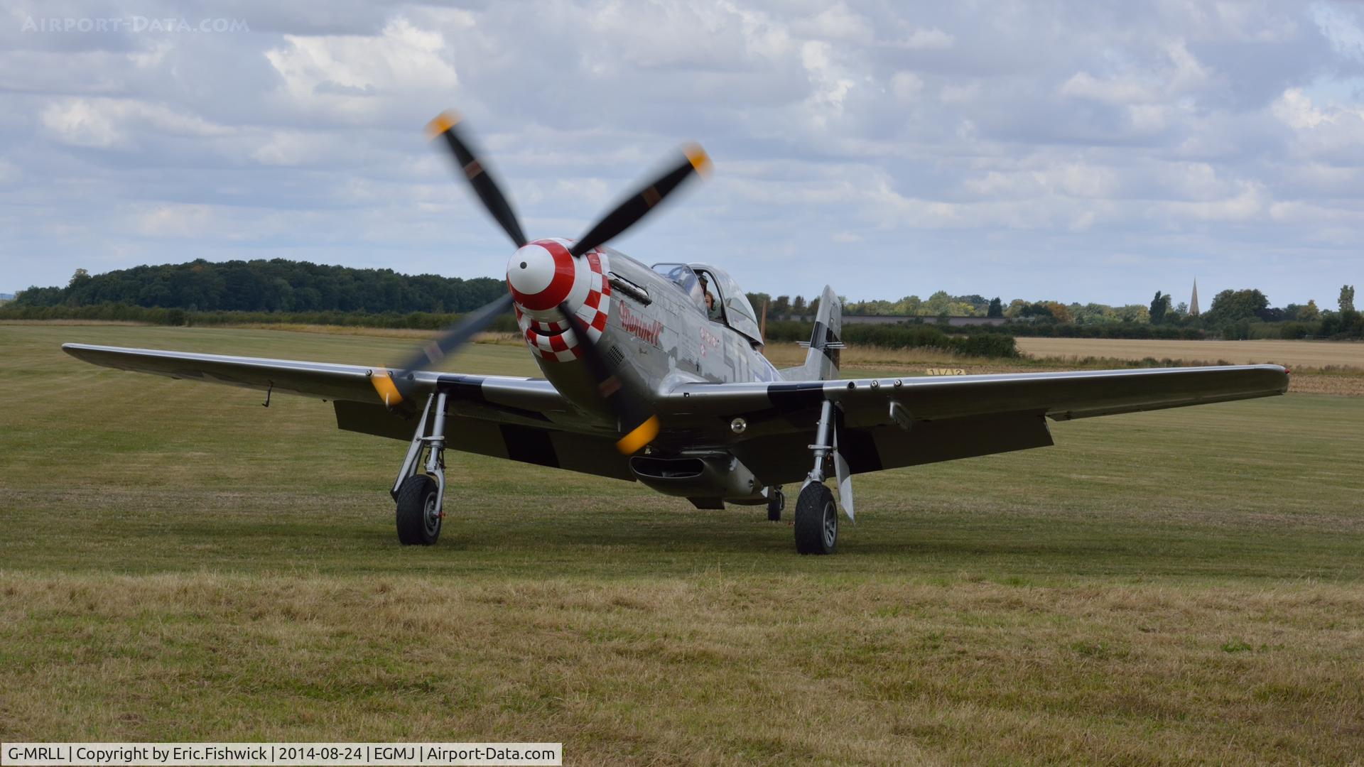 G-MRLL, 1943 North American P-51D Mustang C/N 109-27154, 3. G-MRLL arriving at a superb Little Gransden Air & Car Show, Aug. 2014.