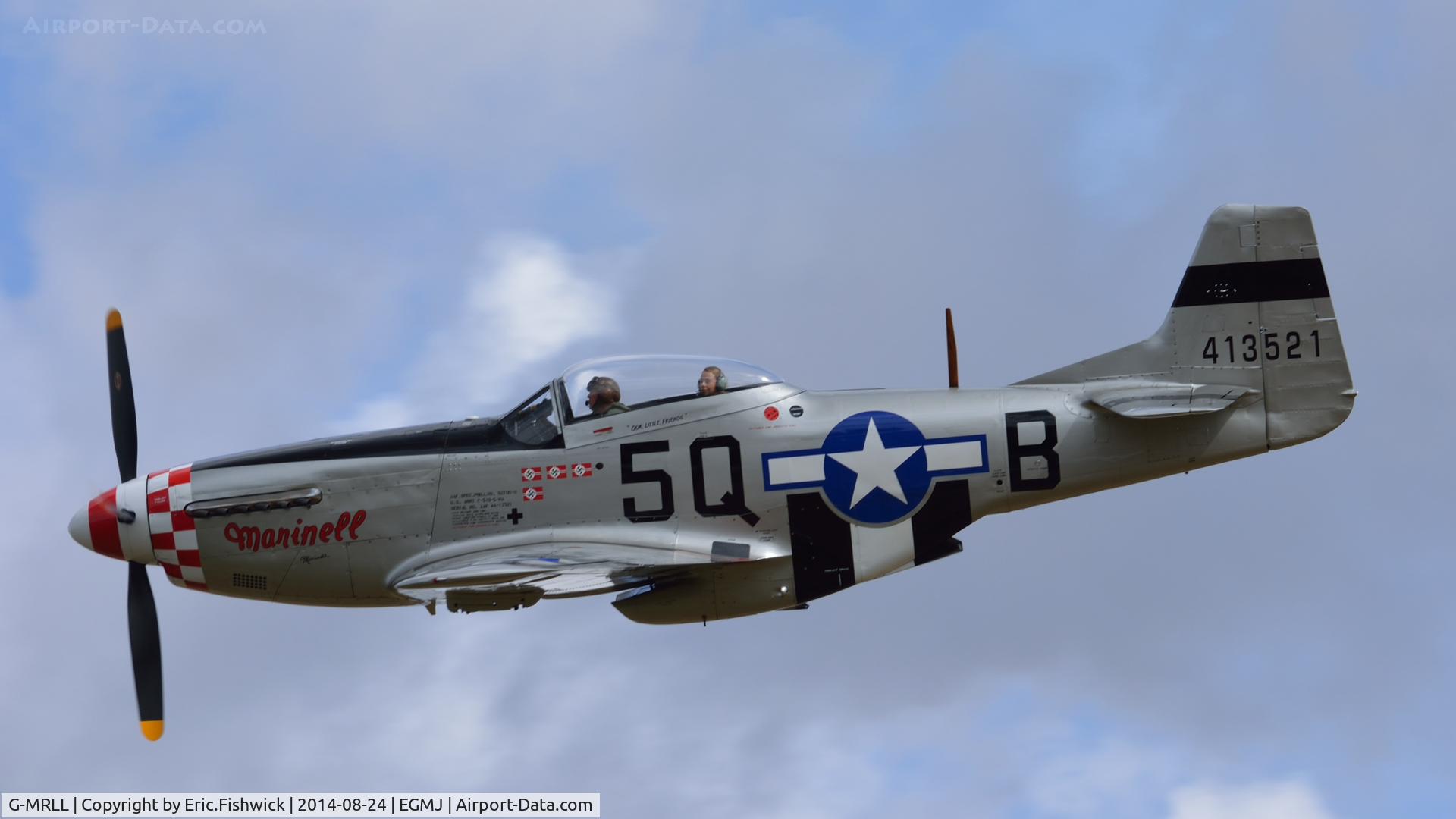 G-MRLL, 1943 North American P-51D Mustang C/N 109-27154, 41. G-MRLL arriving at a superb Little Gransden Air & Car Show, Aug. 2014.