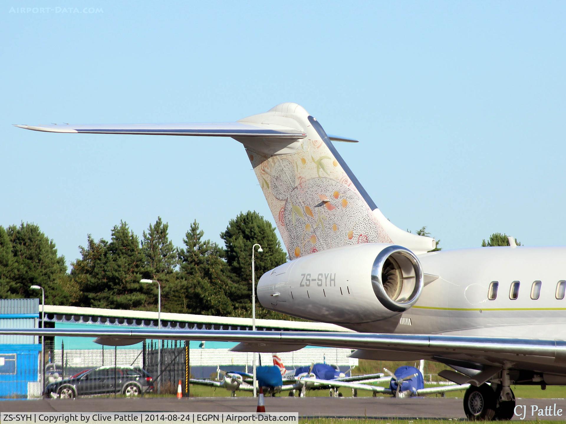 ZS-SYH, 2012 Bombardier BD-700-1A11 Global 6000 C/N 9470, Close-up of the tail paint scheme of ZS-SYH at Dundee.