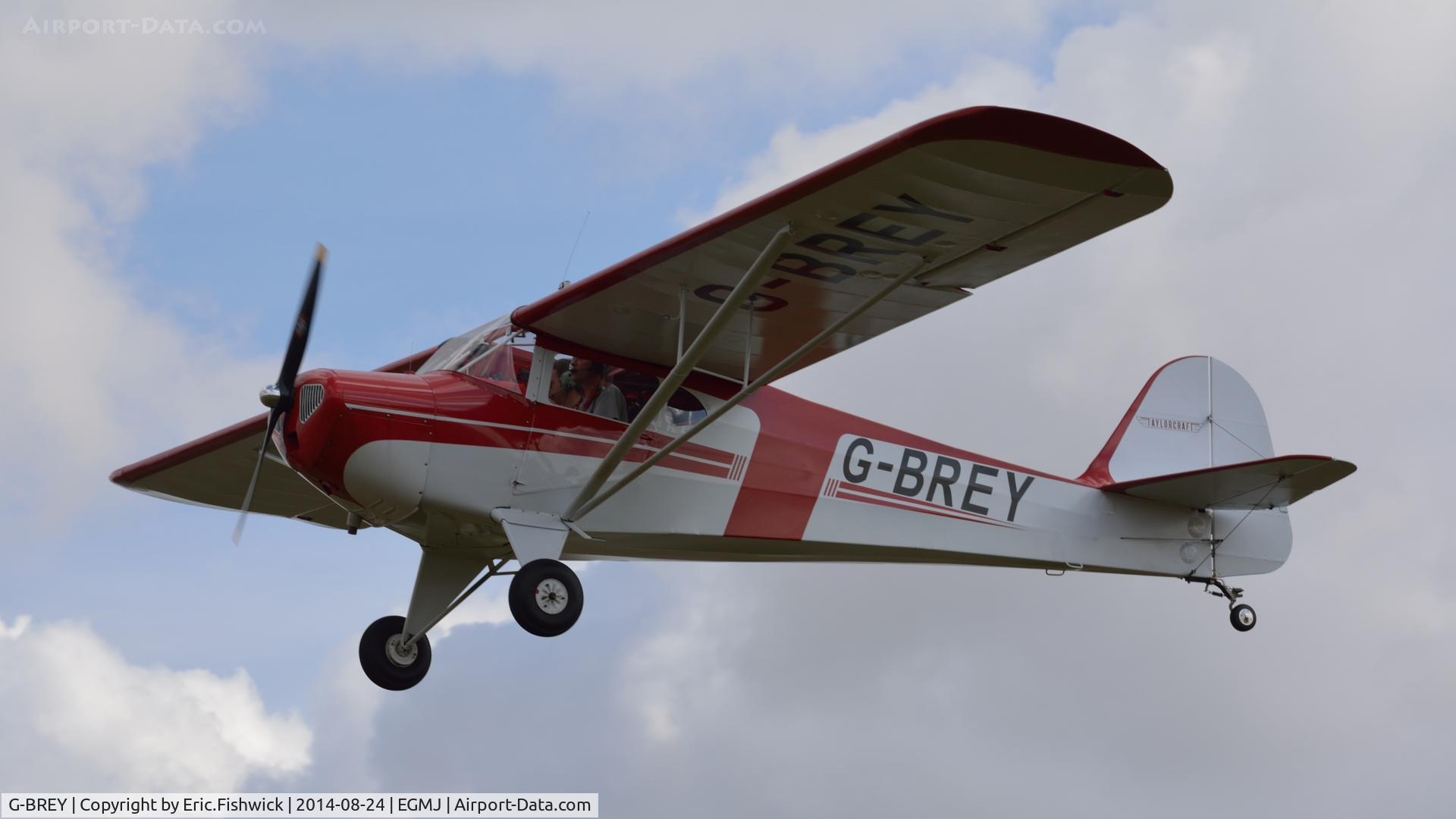 G-BREY, 1946 Taylorcraft BC-12D Twosome C/N 7299, 44. G-BREY arriving at a superb Little Gransden Air & Car Show, Aug. 2014.