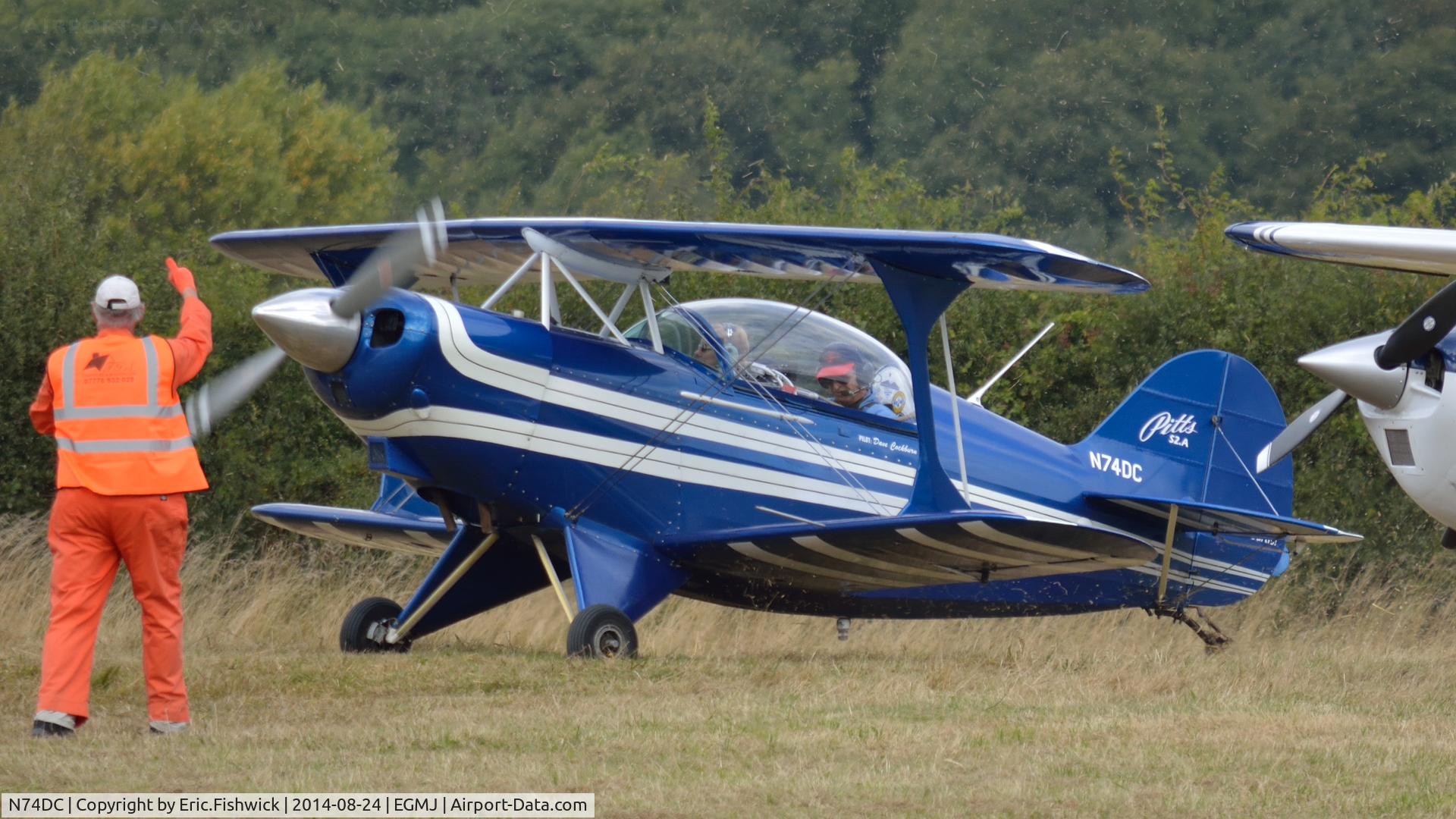 N74DC, 1980 Aerotek Pitts S-2A Special C/N 2228, 4. N74DC arriving at a superb Little Gransden Air & Car Show, Aug. 2014.