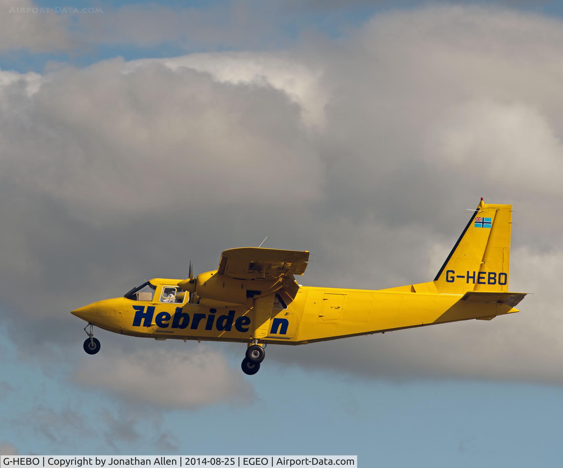 G-HEBO, 1993 Pilatus Britten-Norman BN-2B-20 Islander C/N 2268, About to land on Runway 01, Oban Airport with the scheduled commercial flight from Coll and Tiree.