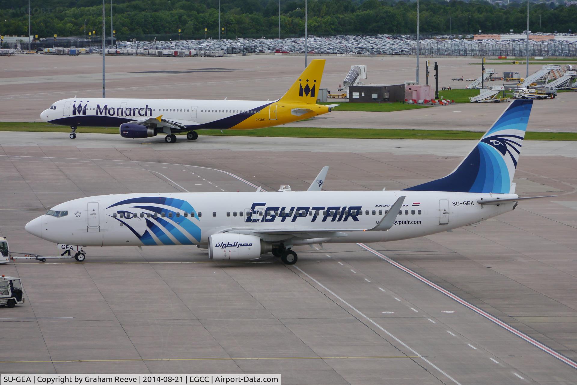 SU-GEA, 2010 Boeing 737-866 C/N 40760, Being pushed back at Manchester.