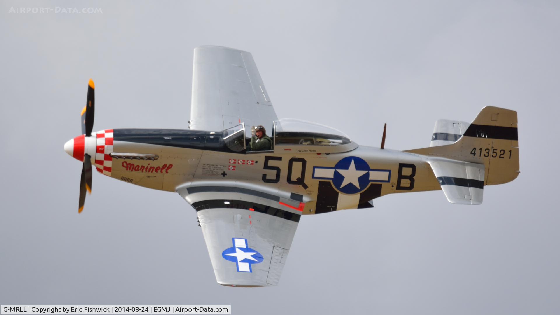 G-MRLL, 1943 North American P-51D Mustang C/N 109-27154, 41. Marinell's pilot waving to the crowd at a superb Little Gransden Air & Car Show, Aug. 2014.