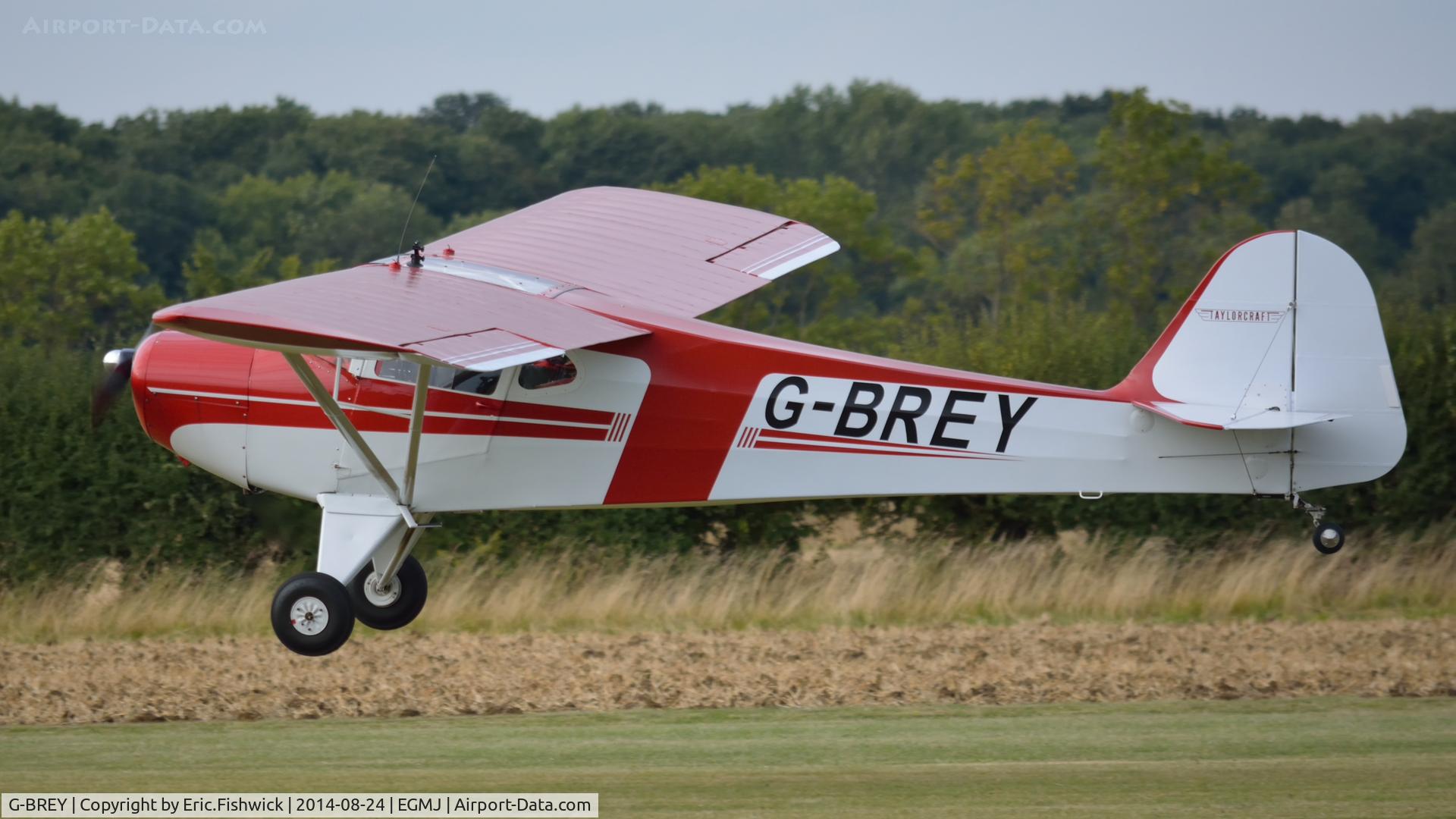 G-BREY, 1946 Taylorcraft BC-12D Twosome C/N 7299, 41. G-BREY departing the superb Little Gransden Air & Car Show, Aug. 2014.