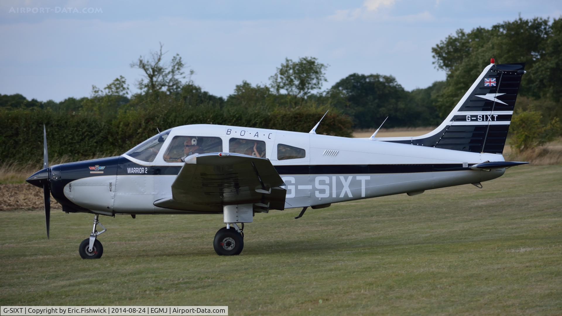 G-SIXT, 1988 Piper PA-28-161 Cherokee Warrior II C/N 2816056, 41. G-SIXT departing the superb Little Gransden Air & Car Show, Aug. 2014.