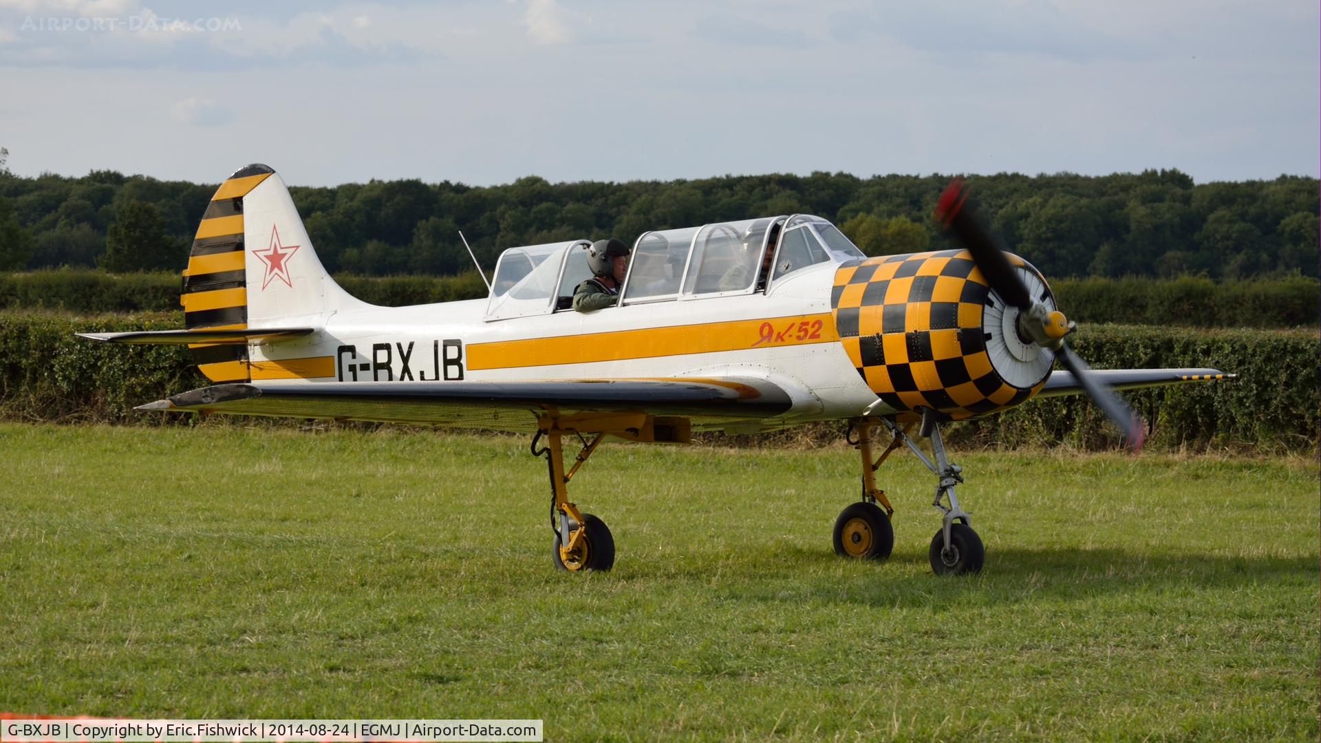 G-BXJB, 1987 Bacau Yak-52 C/N 877403, 3. G-BXJB preparing to depart the superb Little Gransden Air & Car Show, Aug. 2014.