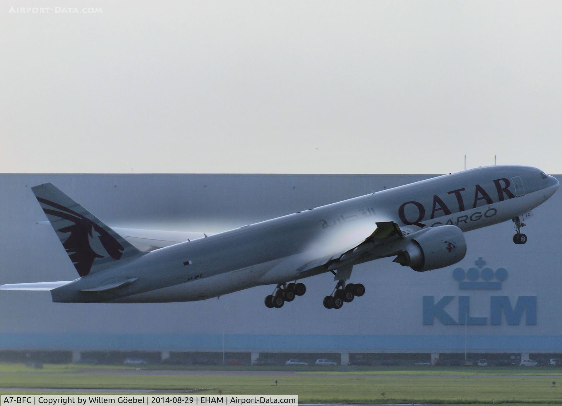 A7-BFC, 2011 Boeing 777-FDZ C/N 36099, Take off from runway 18L on Schiphol Airport