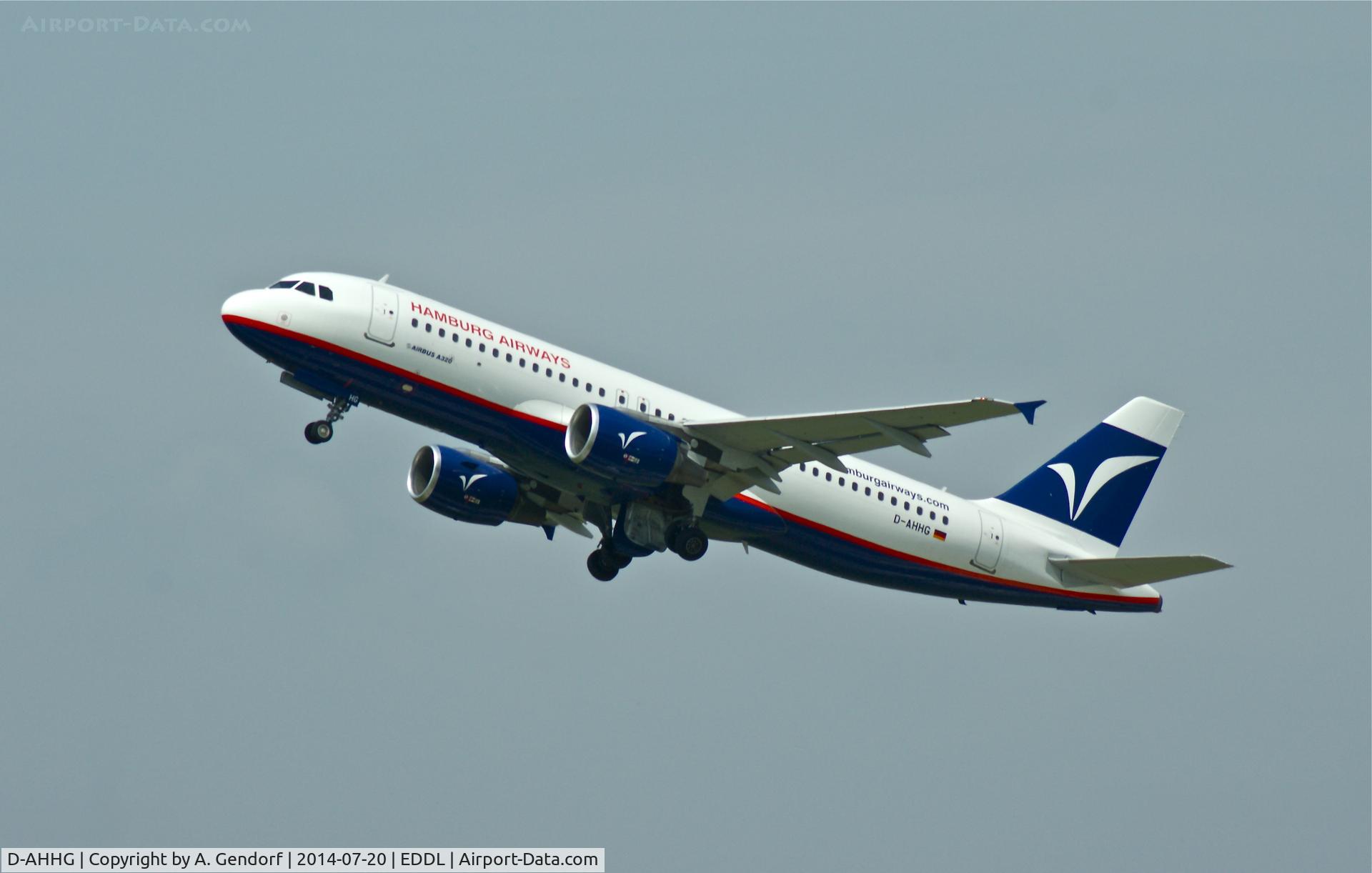 D-AHHG, 1997 Airbus A320-214 C/N 730, Hamburg Airways, is here taking off RWY 23L at Düsseldorf Int'l(EDDL)