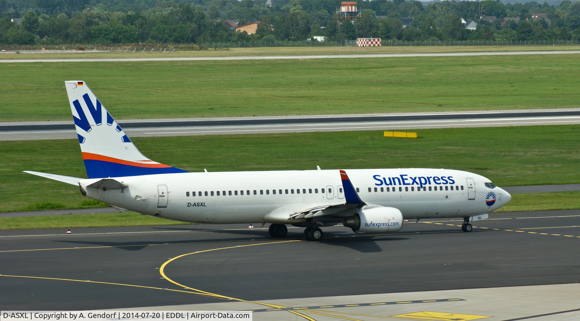 D-ASXL, 2010 Boeing 737-8EH C/N 35835, Sun Express Deutschland, is here taxiing to runway 23L for departure at Düsseldorf Int'l(EDDL)