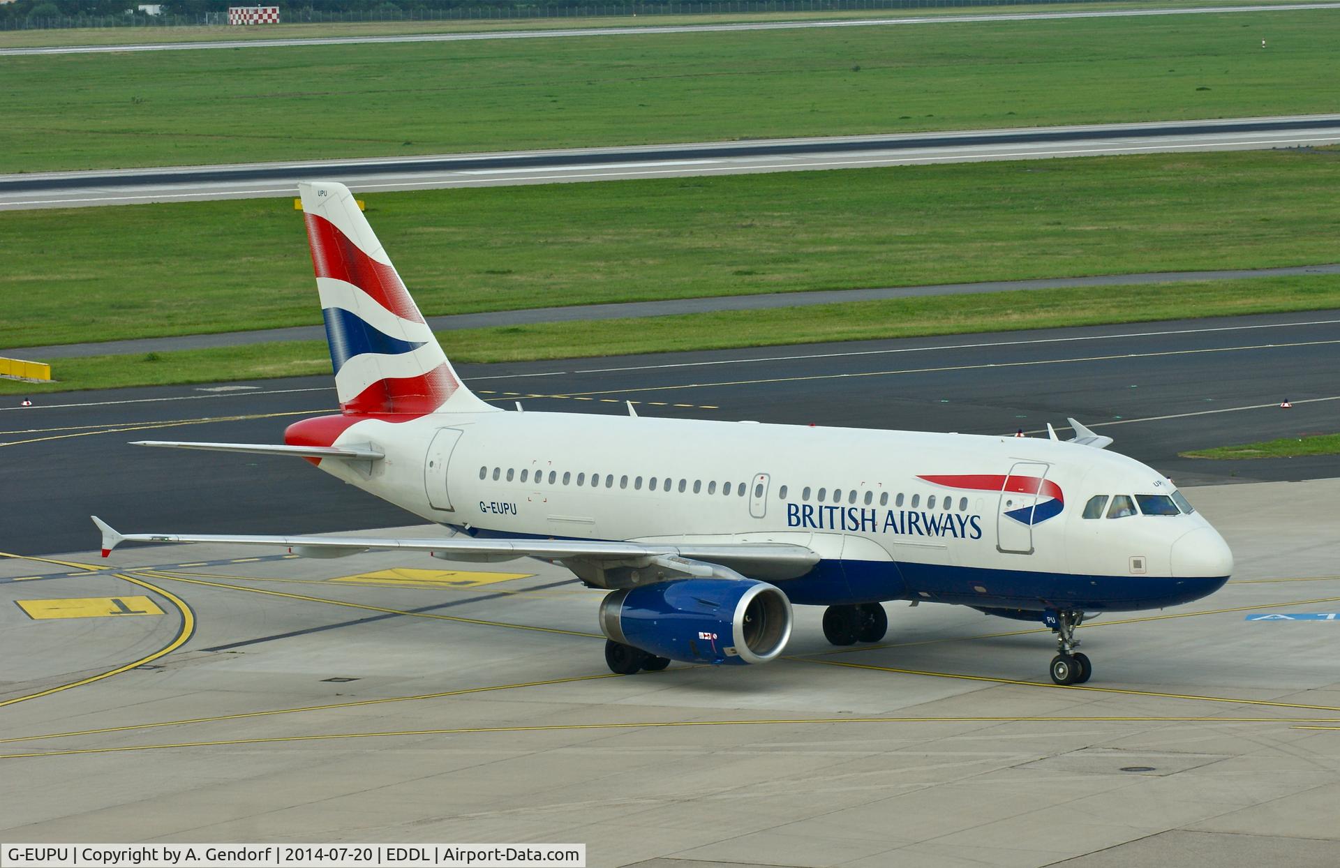 G-EUPU, 2000 Airbus A319-131 C/N 1384, British Airways, is taxiing to the gate at Düsseldorf Int'l(EDDL)