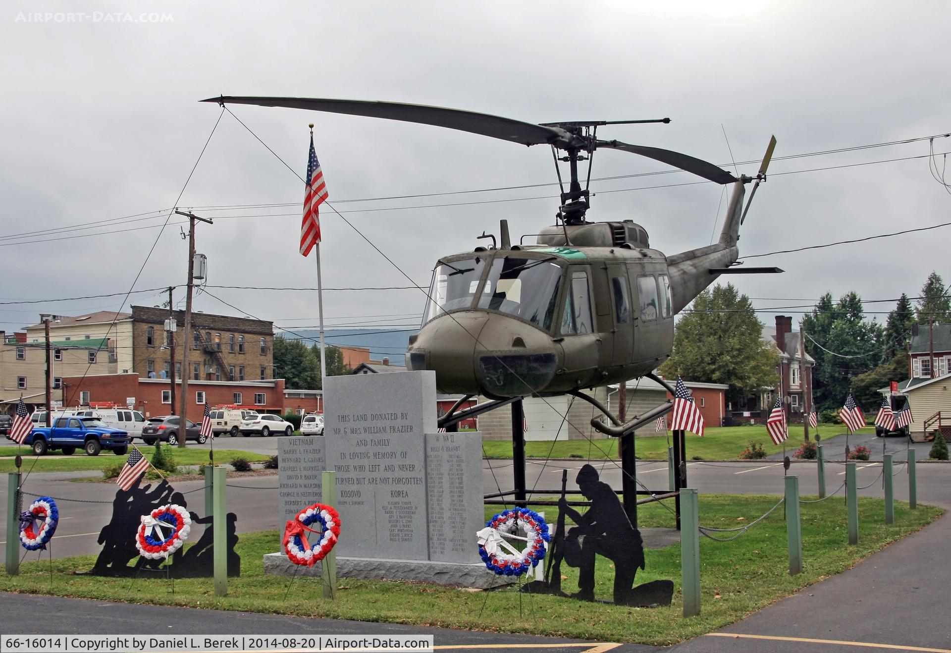 66-16014, 1966 Bell UH-1H Iriquois C/N 5708, This Huey is part of a veterans memorial, across the street from the American Legion Post in Jersey Shore, PA.