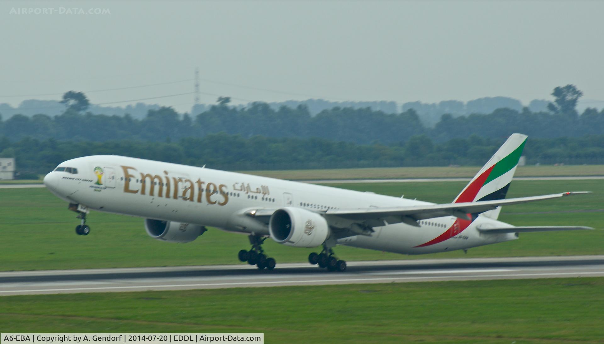 A6-EBA, 2005 Boeing 777-31H/ER C/N 32706, Emirates, is just lifting up at Düsseldorf Int'l(EDDL), Dubai(OMDB) bound