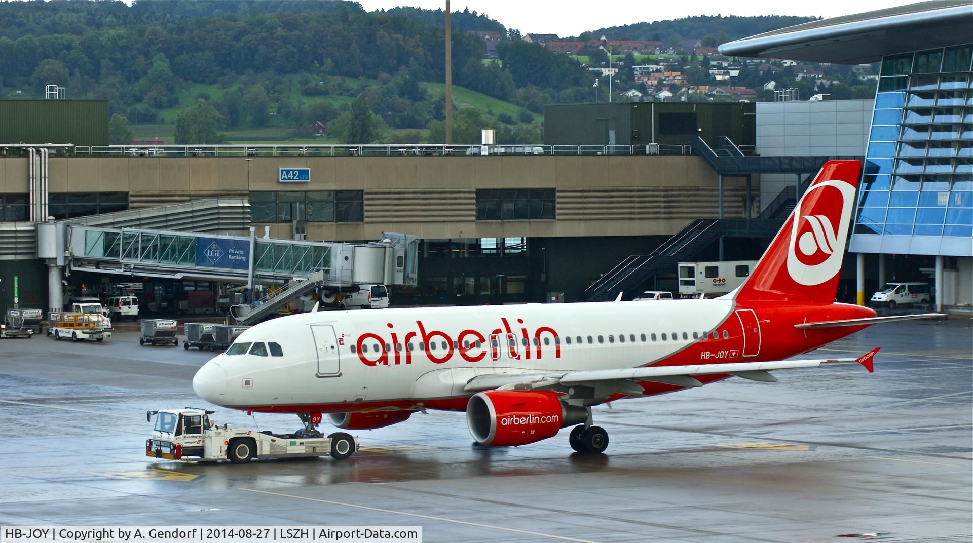 HB-JOY, 2007 Airbus A319-111 C/N 3245, Belair (Air Berlin cs.), is here at Zürich-Kloten(LSZH), shortly after pushback