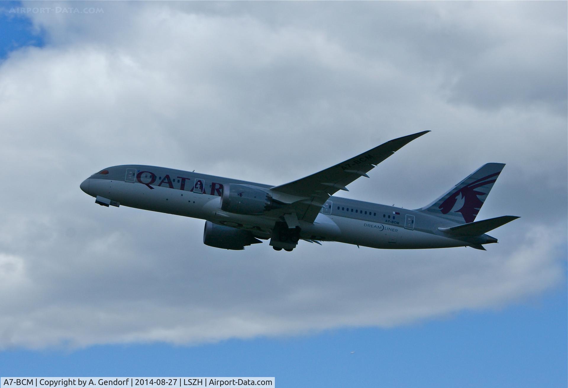 A7-BCM, 2014 Boeing 787-8 Dreamliner C/N 38331, Qatar Airways, see this Dreamliner climbing out Zürich-Kloten(LSZH)