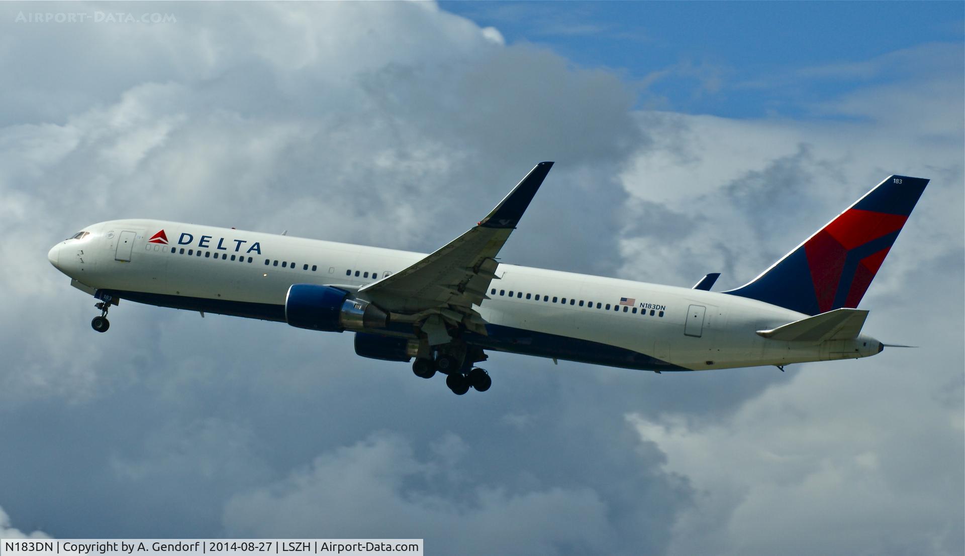 N183DN, 1993 Boeing 767-332 C/N 27110, Delta, is here climbing out after take off RWY 16 at Zürich-Kloten(LSZH)