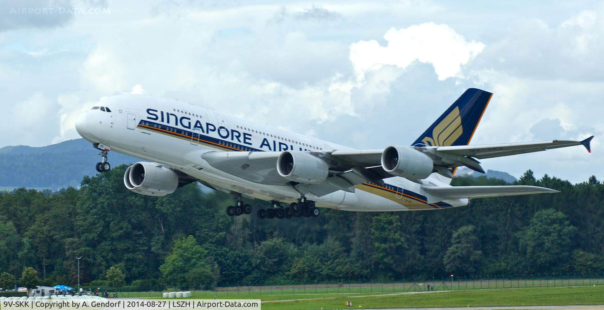 9V-SKK, 2009 Airbus A380-841 C/N 051, Singapore Airlines, lifts powerful up from RWY 16 at Zürich-Kloten(LSZH), bound for Singapore(WSSS)