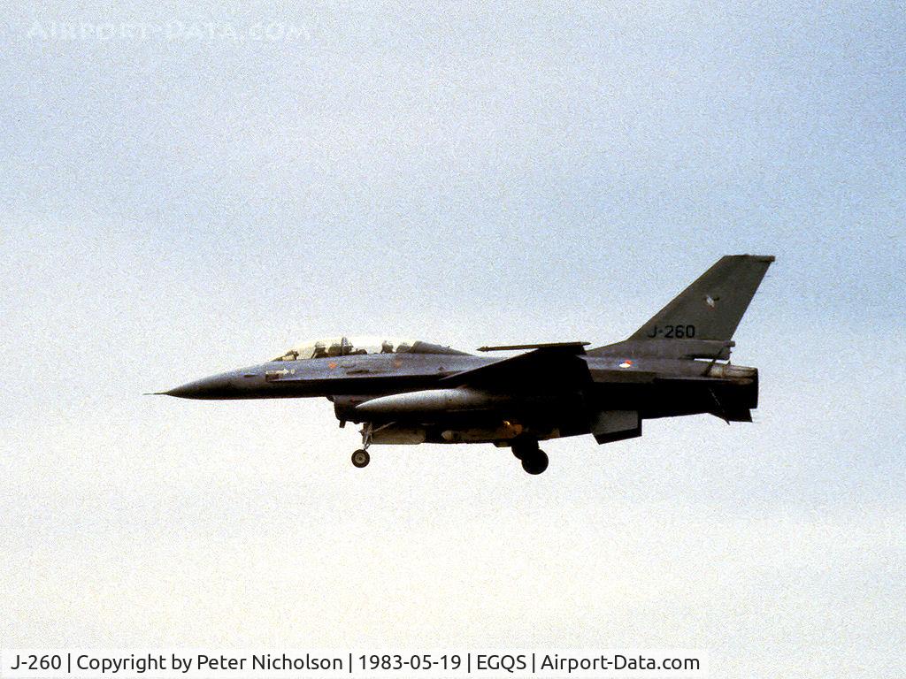 J-260, Fokker F-16B Fighting Falcon C/N 6E-2, F-16B Falcon of 322 Squadron Royal Netherlands Air Force on final approach to RAF Lossiemouth in May 1983.