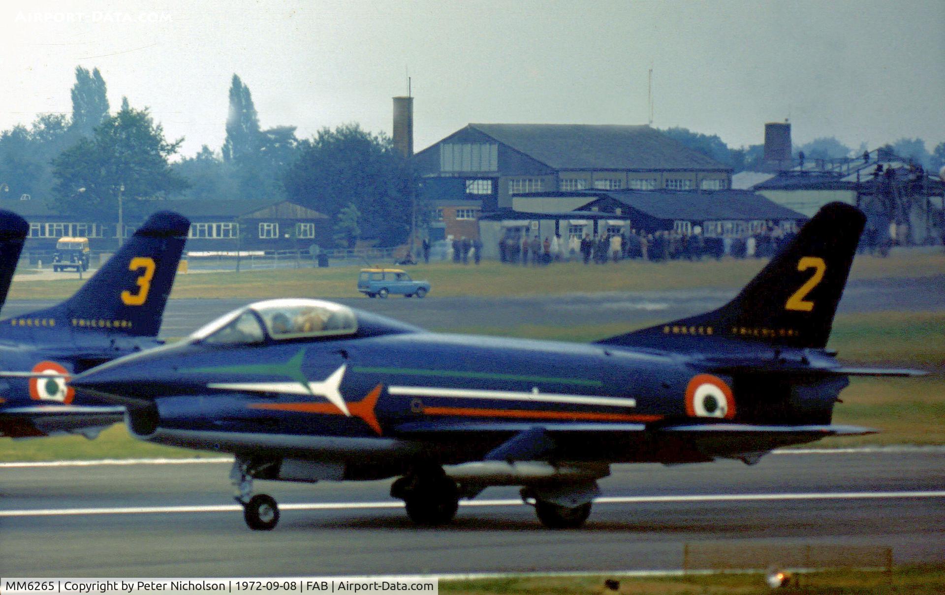 MM6265, Fiat G-91PAN C/N 31, Fiat G-91PAN number 2 of the Italian Air Force's demonstration team Frecce Tricolori at the 1972 Farnborough Airshow.