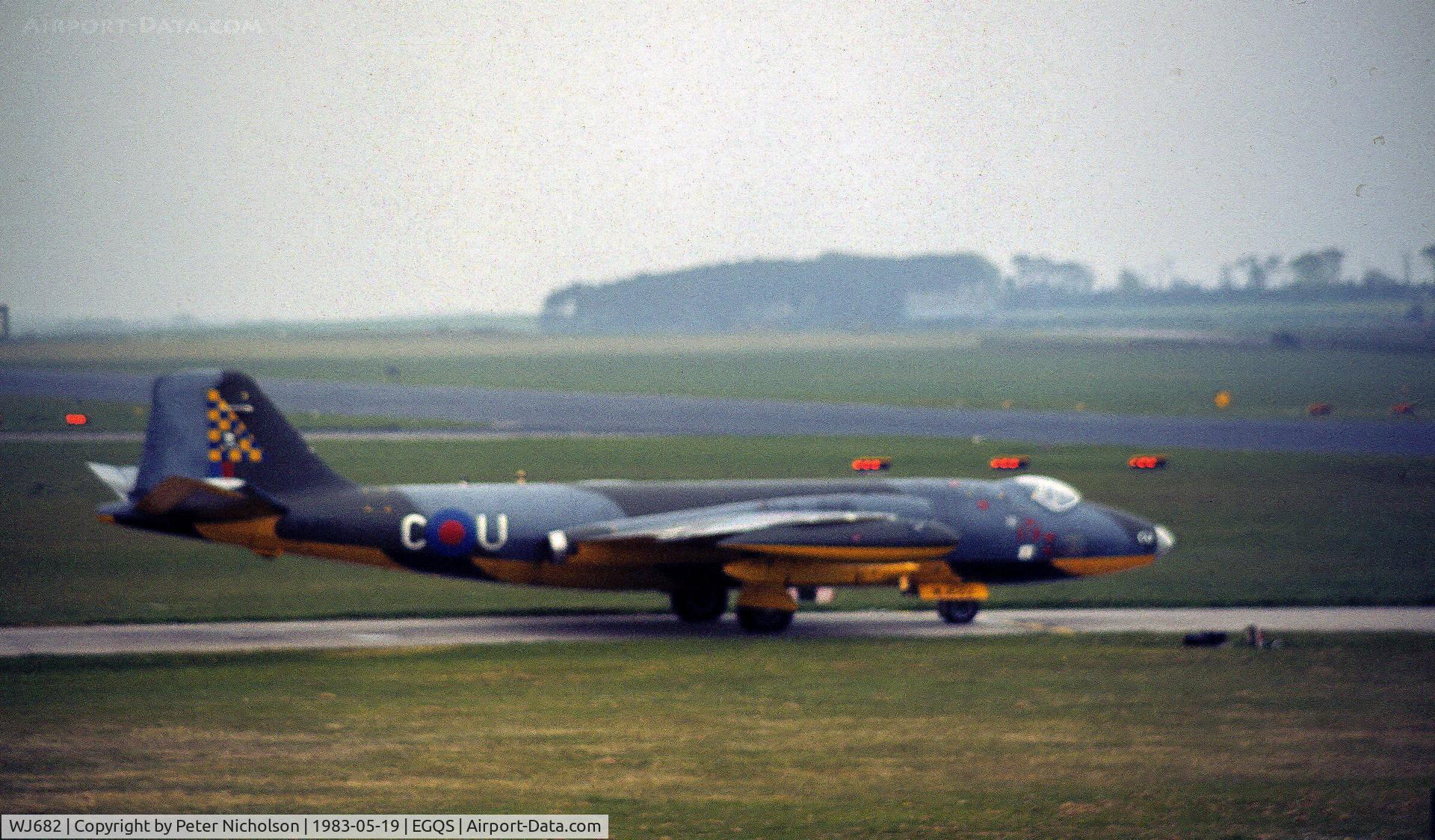WJ682, 1955 English Electric Canberra TT.18 C/N HP-225B, Canberra TT.18 of 100 Squadron preparing to join the active runway at RAF Lossiemouth in May 1983.