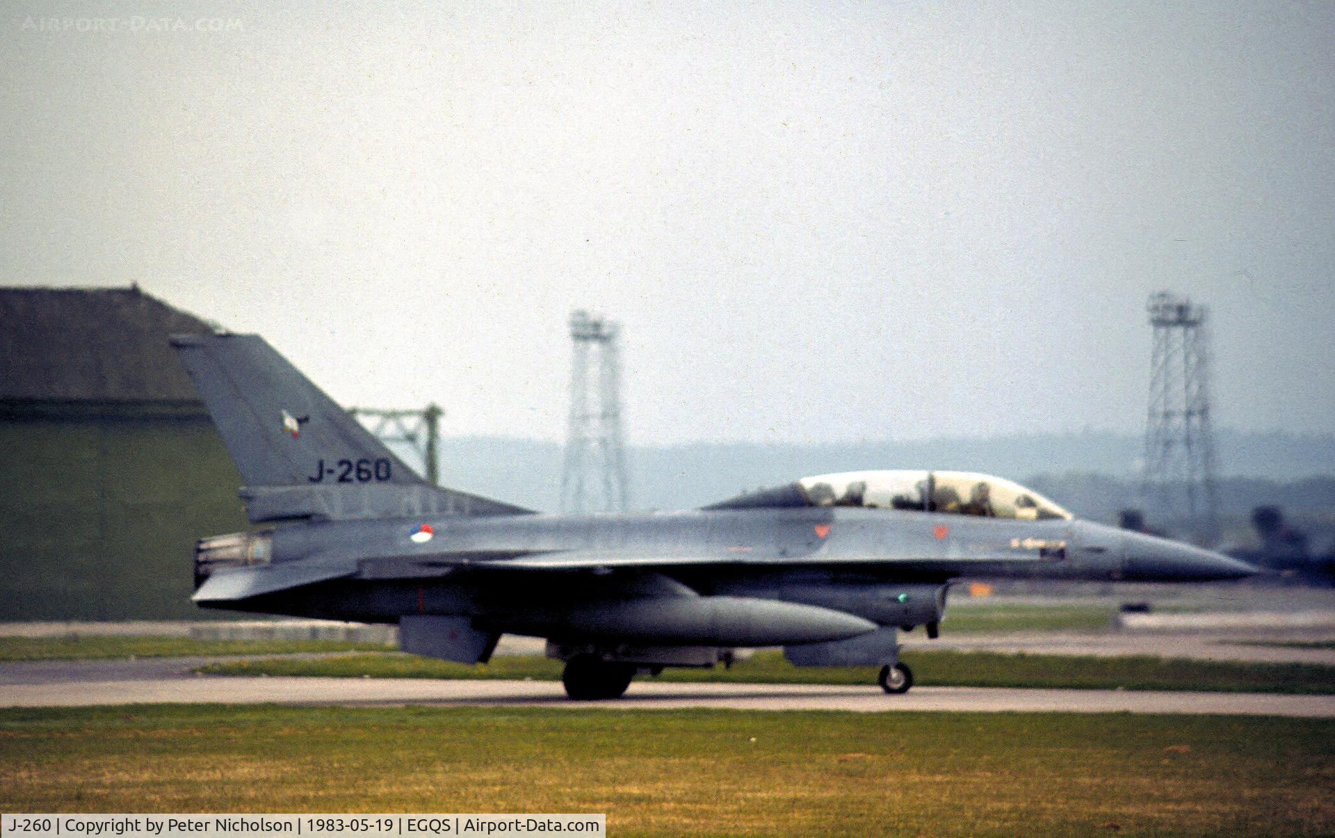 J-260, Fokker F-16B Fighting Falcon C/N 6E-2, F-16B Falcon of 322 Squadron Royal Netherlands Air Force preparing to join the active runway at RAF Lossiemouth in the Summer of 1983.