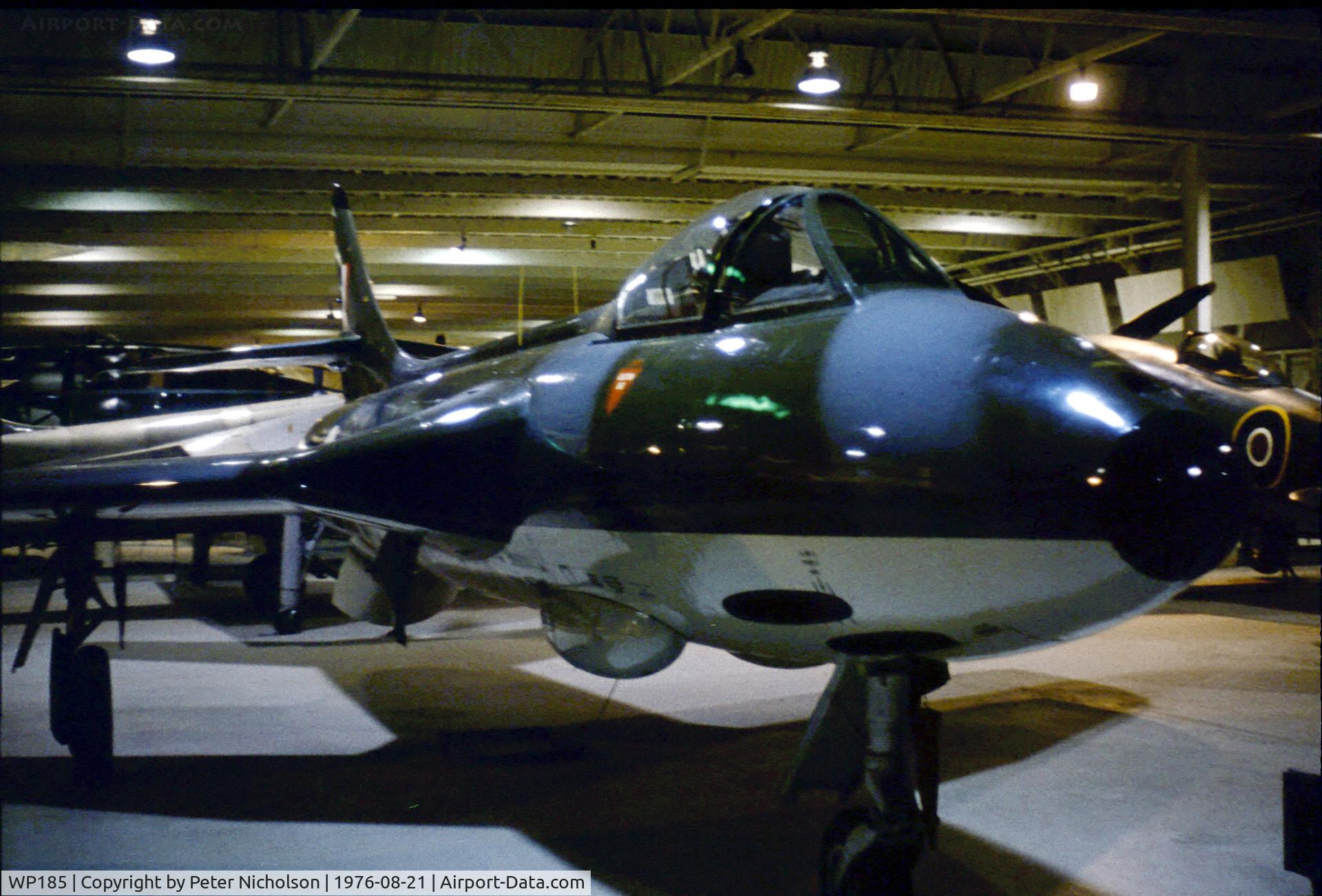 WP185, 1955 Hawker Hunter F.5 C/N S4/U/3036, Hunter F.5 on display at the Royal Air Force Museum at Hendon in August 1976.