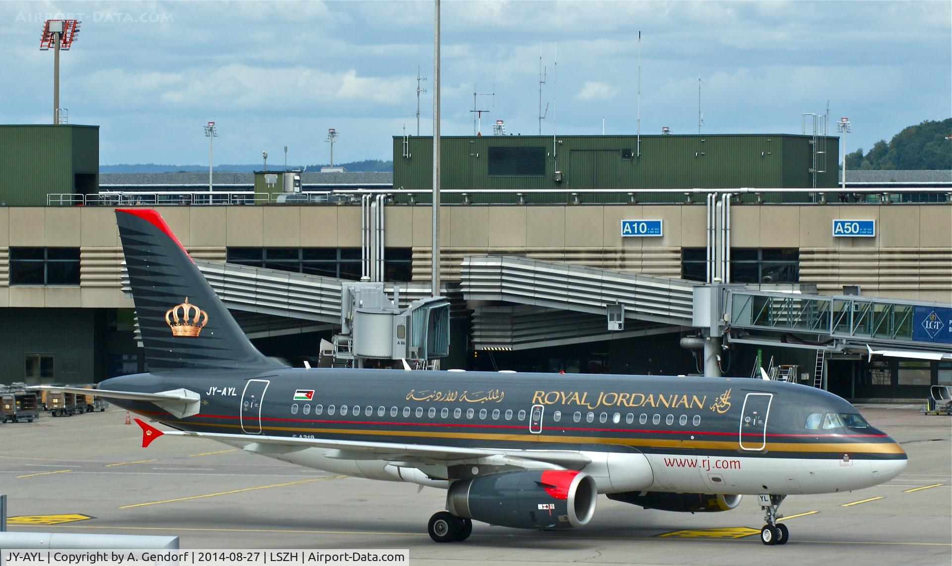 JY-AYL, 2008 Airbus A319-132 C/N 3428, Royal Jordanian, is here taxiing to the gate at Zürich-Kloten(LSZH)