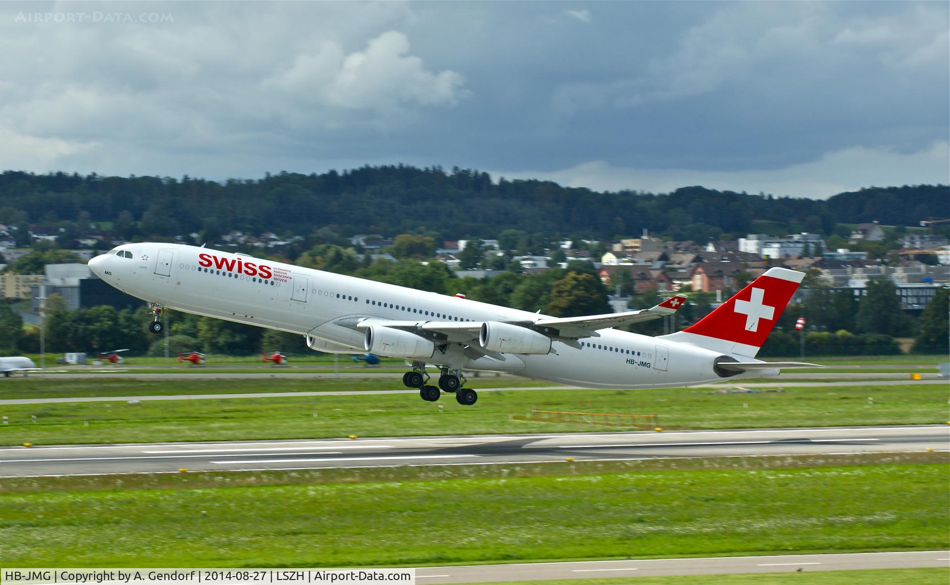 HB-JMG, 2003 Airbus A340-313 C/N 562, Swiss, is here lifting off RWY 16 at Zürich-Kloten(LSZH)