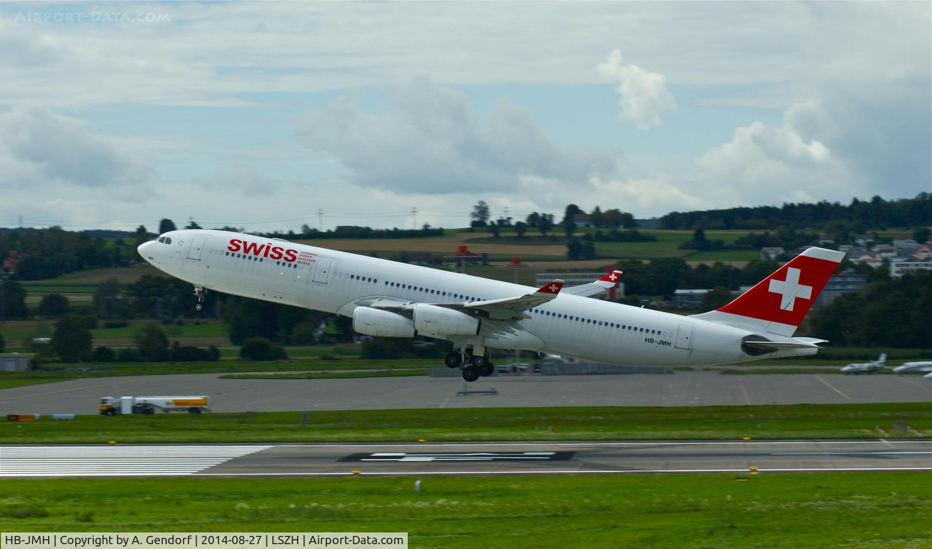 HB-JMH, 2004 Airbus A340-313 C/N 585, Swiss, takes off runway 16 at Zürich-Kloten(LSZH)