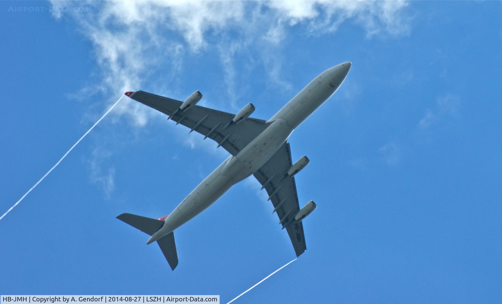 HB-JMH, 2004 Airbus A340-313 C/N 585, Swiss, is here painting beautiful stripes in the air during the climb out of Zürich-Kloten(LSZH), on the way to San Francisco(KSFO)
