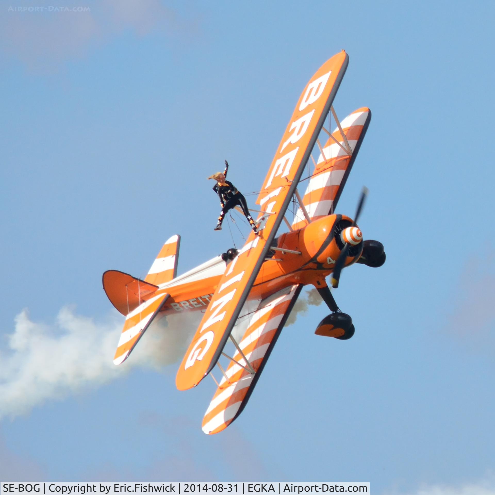 SE-BOG, 1942 Boeing N2S-3 Kaydet (B75N1) C/N 75-7128, 44. SE-BOG and wingwalker on the edge at the superb 25th Anniversary RAFA Shoreham Airshow.