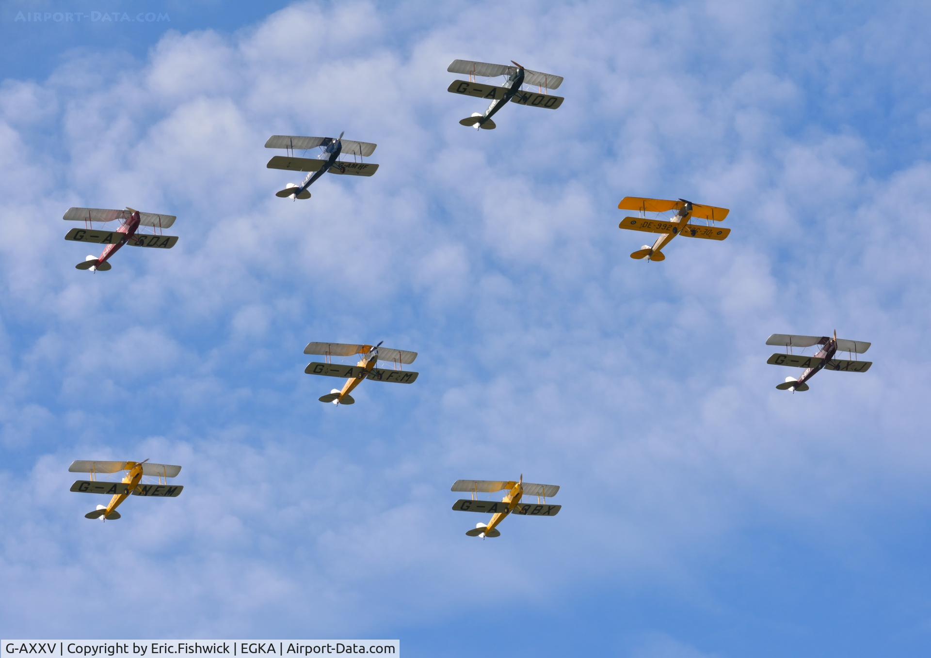 G-AXXV, 1944 De Havilland DH-82A Tiger Moth II C/N 85852, The Tiger Nine Formation Display Team - enjoying near perfect conditions at the superb 25th Anniversary RAFA Shoreham Airshow. (Sadly, one short.)
