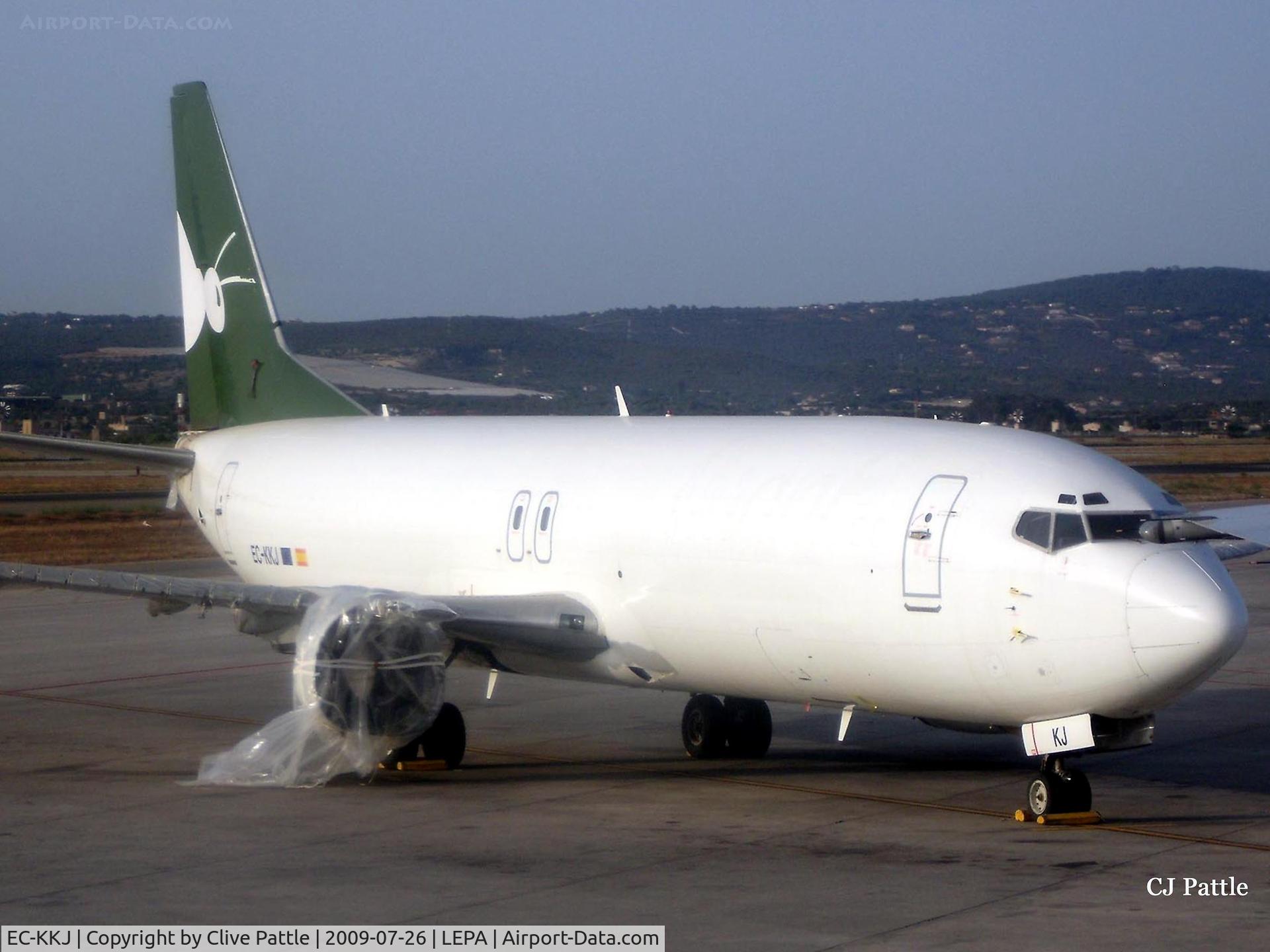 EC-KKJ, Boeing 737-4B7(F) C/N 24559, Flyant Cargo EC-KKJ sitting on the apron at Palma De Majorca on 26 Jul 2009 with damage to starboard wing and engine following a severe hailstorm.