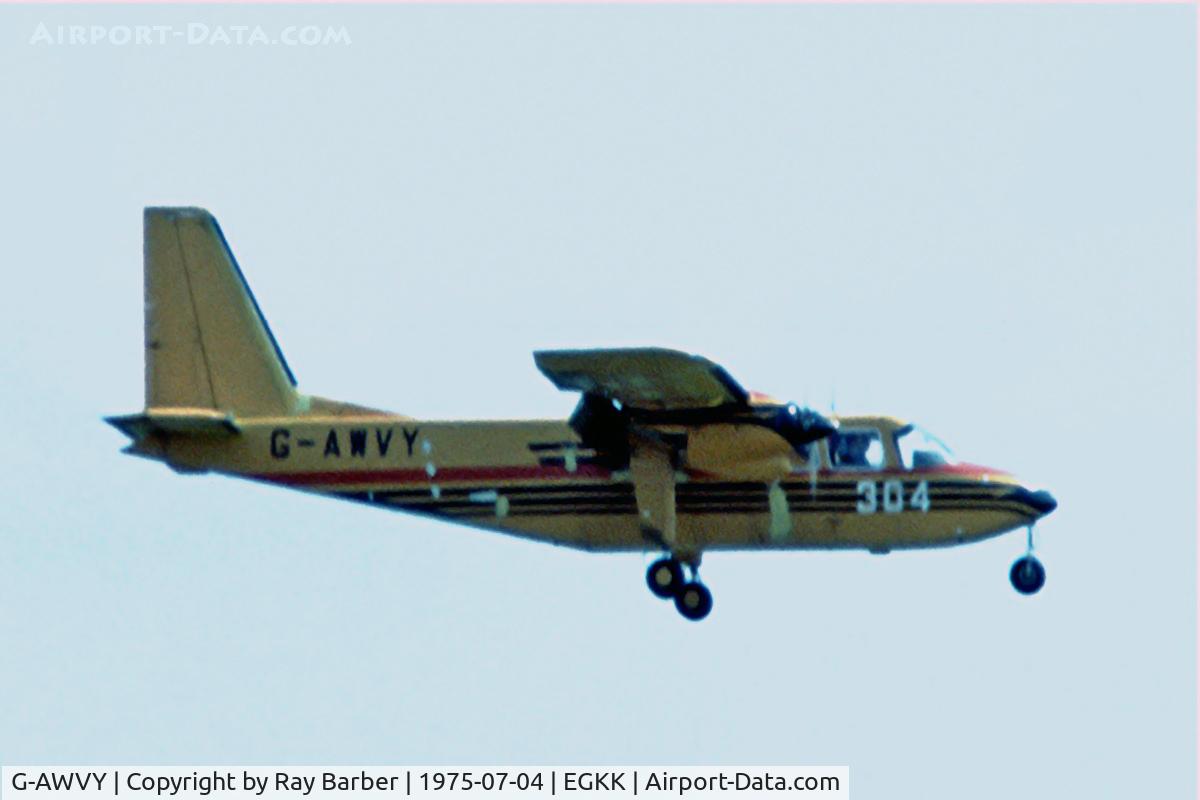G-AWVY, 1969 Britten-Norman BN-2A-26 Islander C/N 48, Britten-Norman BN-2A-26 Islander [0048] (Brinsop Farms Ltd) Gatwick~G 04/07/1975