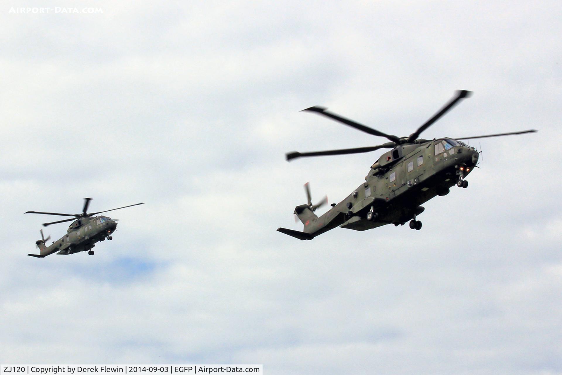 ZJ120, AgustaWestland EH-101 Merlin HC.4 C/N 50083/RAF04, ZJ120, coded D seen leading ZJ134, coded S, on approach, runway 04, at EGFP.