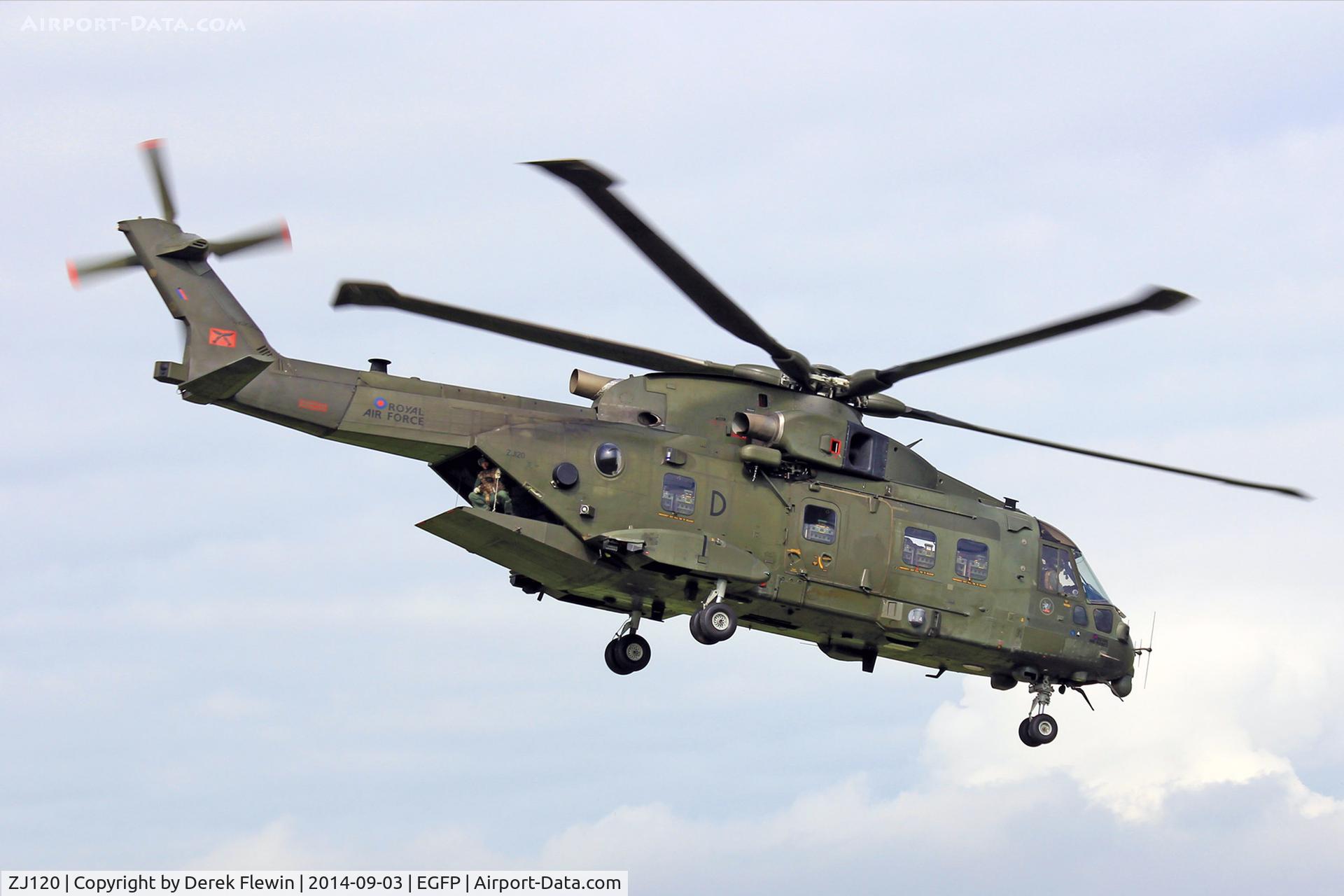 ZJ120, AgustaWestland EH-101 Merlin HC.4 C/N 50083/RAF04, Merlin HC3, coded D, seen lifting, runway 04 at EGFP, note the ALM on the ramp.