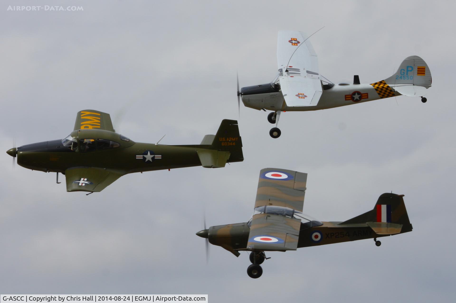 G-ASCC, 1962 Auster AOP.11 C/N B5/10/162, in formation with N4956C and G-PDOG at the Little Gransden Airshow 2014