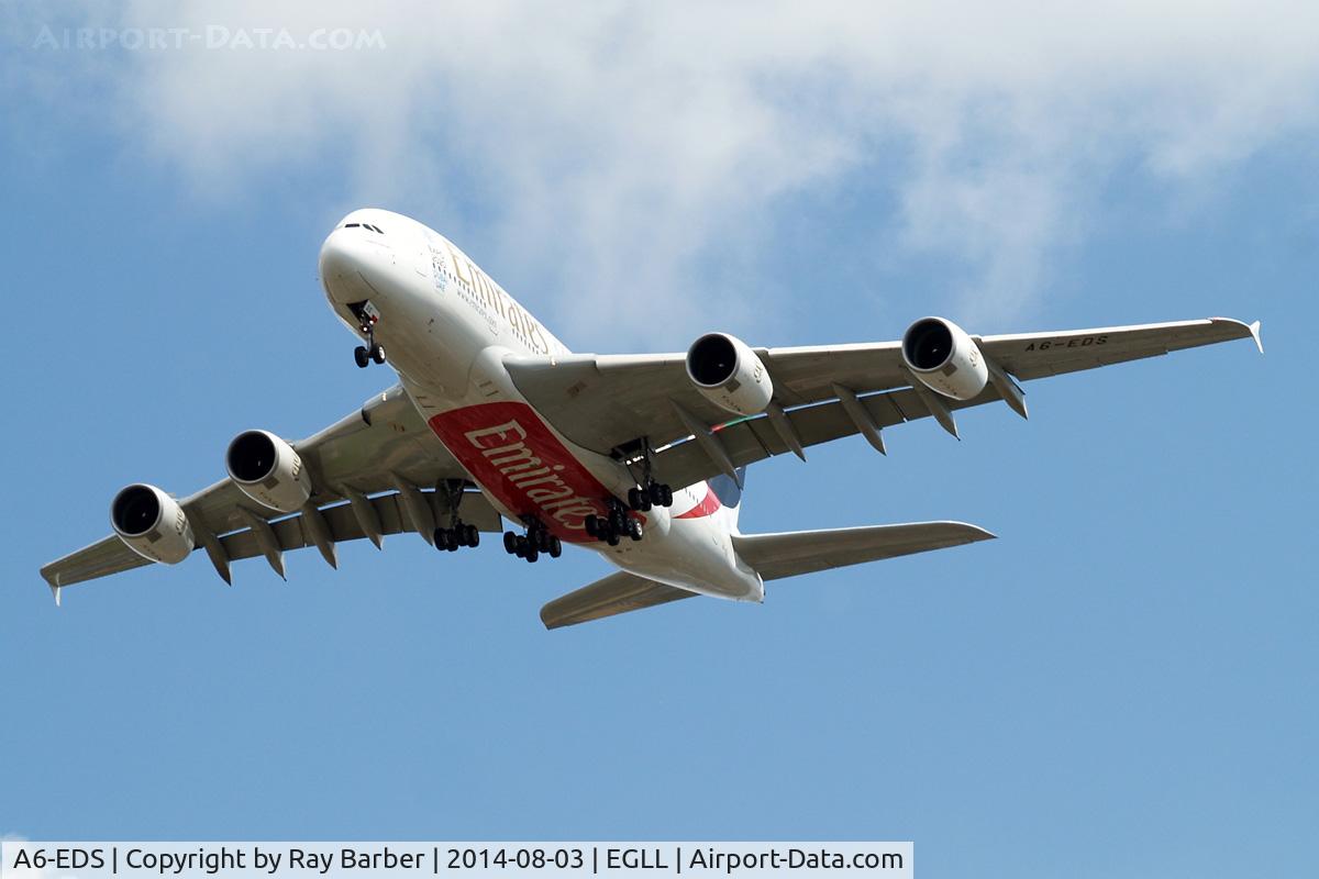 A6-EDS, 2011 Airbus A380-861 C/N 086, Airbus A380-861 [086] (Emirates Airlines) Home~G 03/08/2014. On approach 27R.